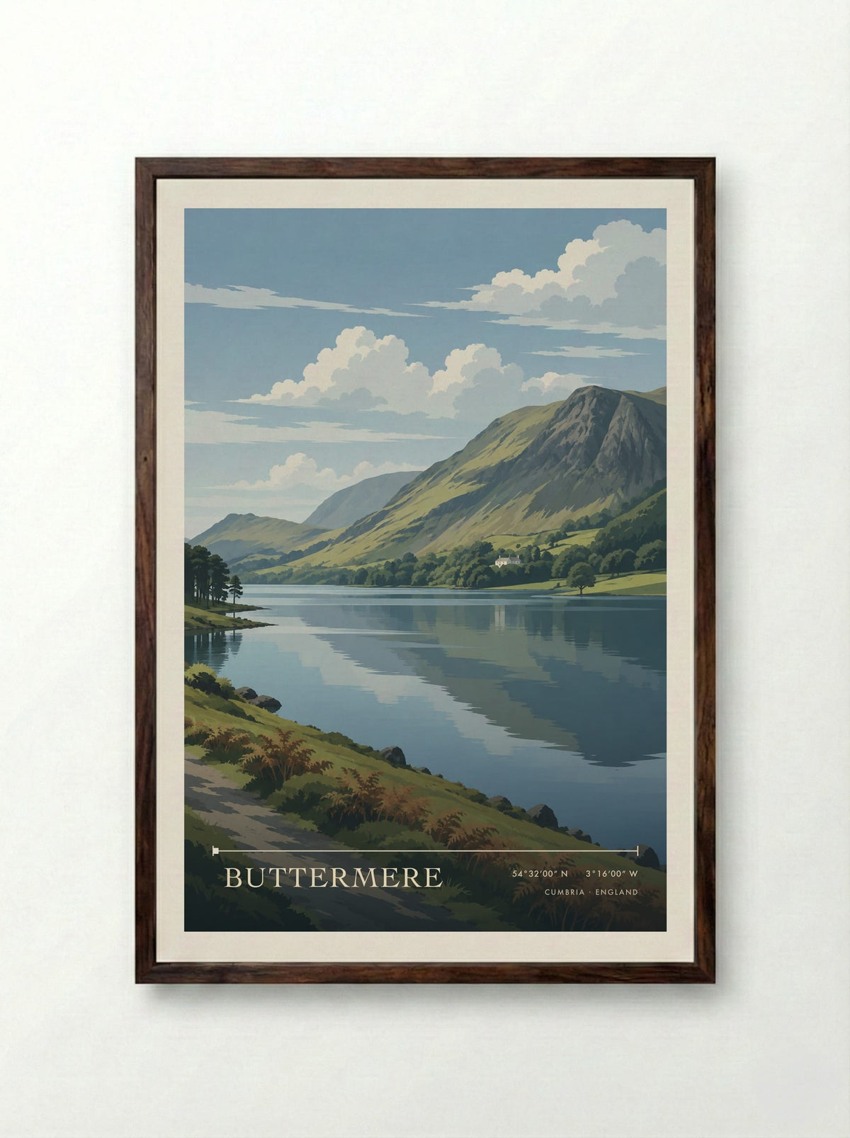 Buttermere, Cumbria | Travel Poster - Framed Print Dark Wood