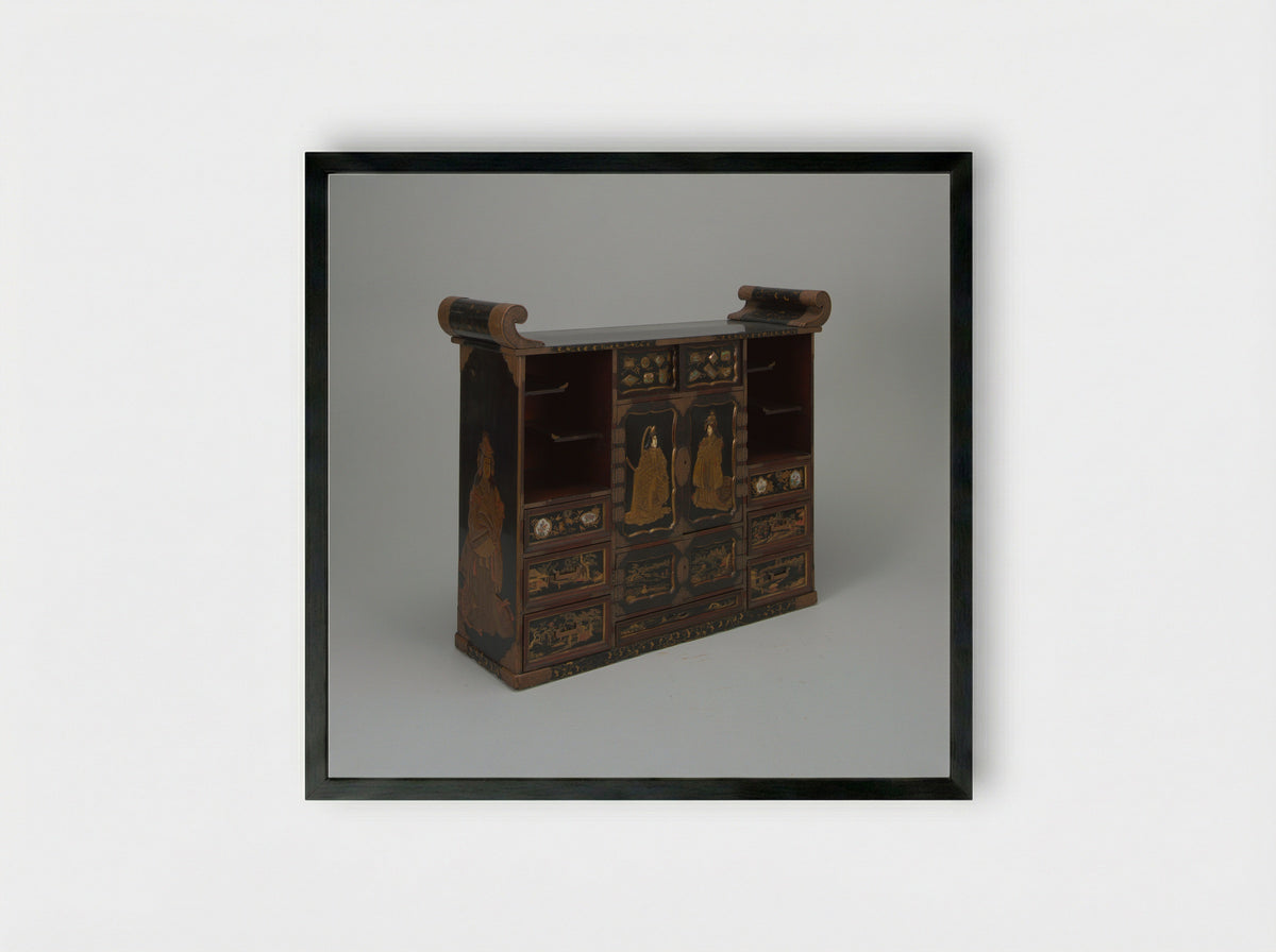 Cabinet with Figures and Landscape - Unknown - Framed Print Black