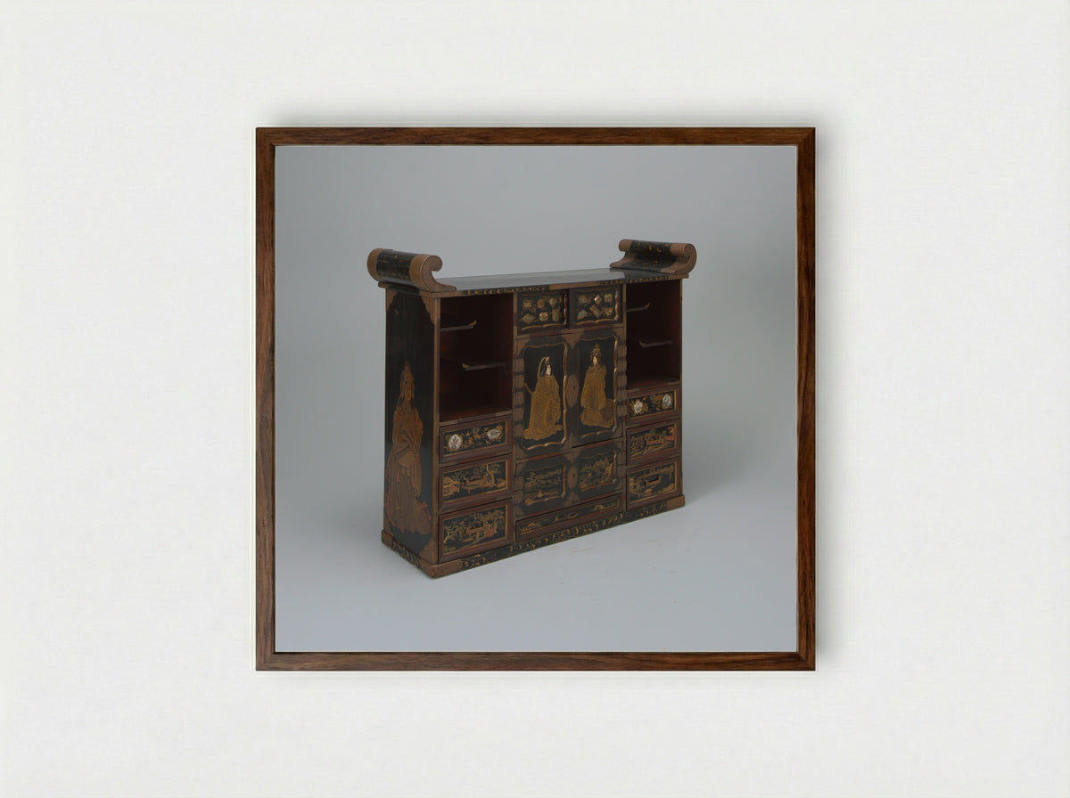 Cabinet with Figures and Landscape - Unknown - Framed Print Dark Wood