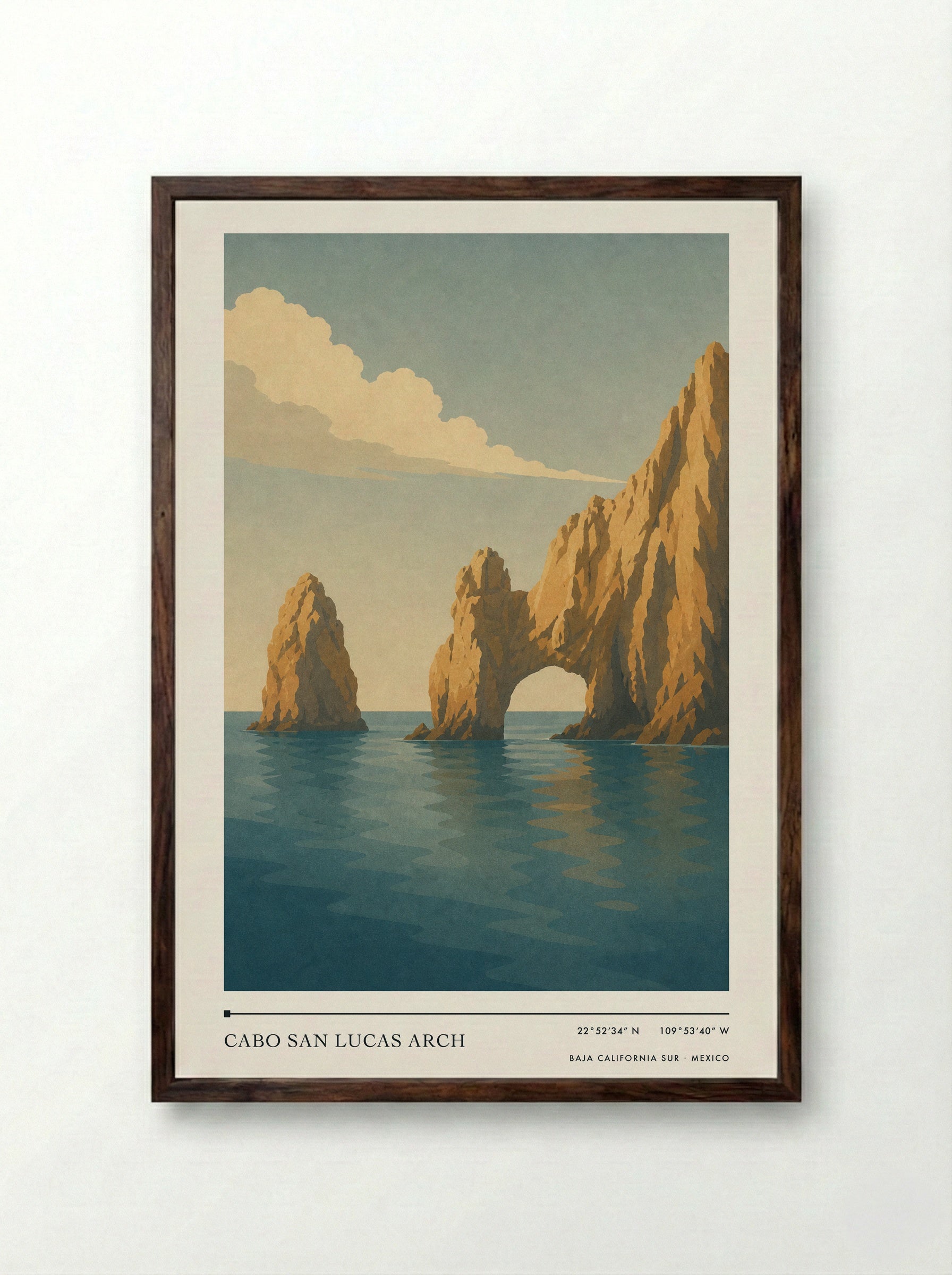 Cabo San Lucas Arch Travel Poster Artwork - Framed Print Dark Wood