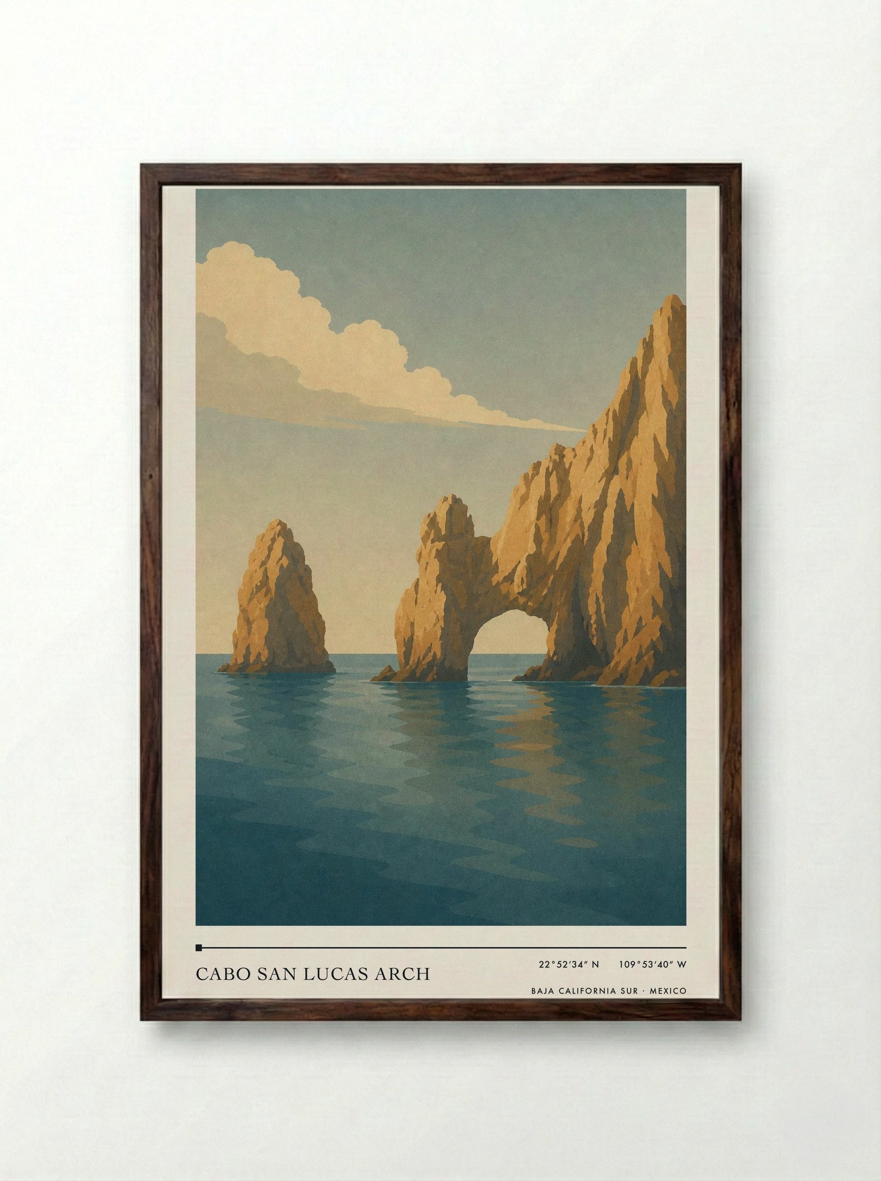Cabo San Lucas Arch Travel Poster Artwork - Framed Print Dark Wood