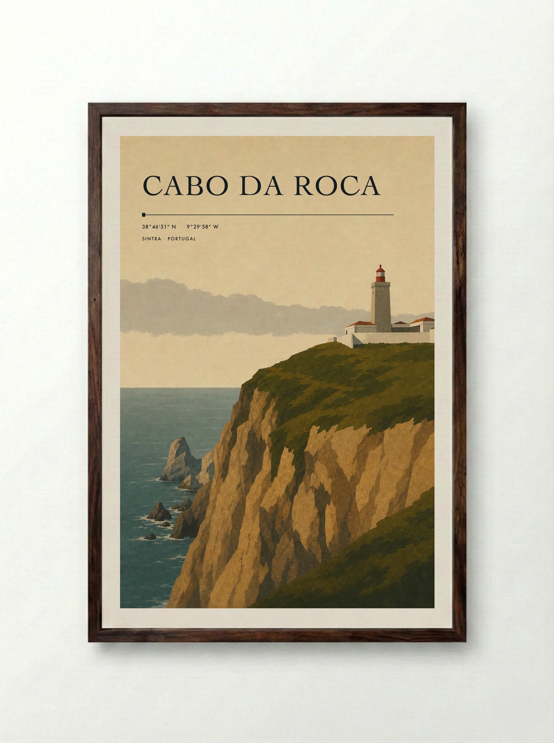 Cabo da Roca Travel Poster Artwork - Framed Print Dark Wood