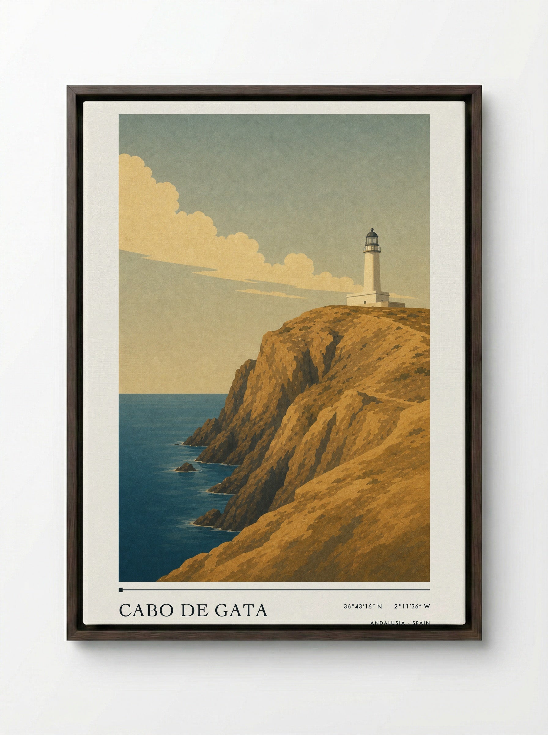 Cabo de Gata Travel Poster Artwork - Framed Canvas Dark Wood