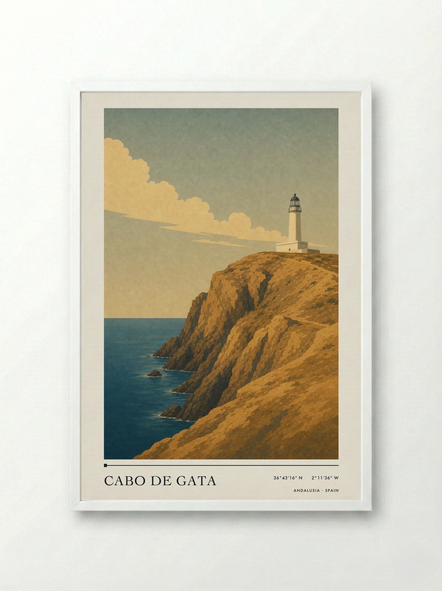 Cabo de Gata Travel Poster Artwork - Framed Print White