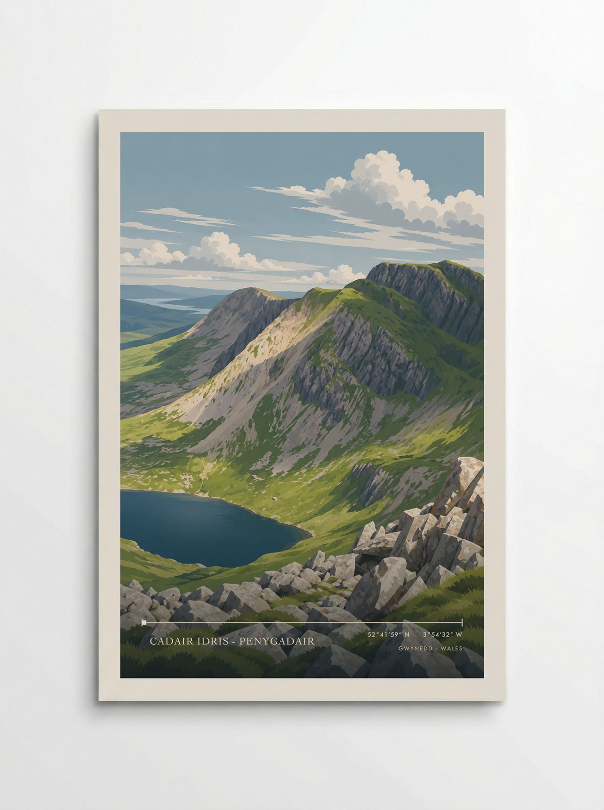 Cadair Idris - Penygadair, Gwynedd travel poster: grey mountain crags, green slopes and a dark corrie pool opening towards distant blue hills