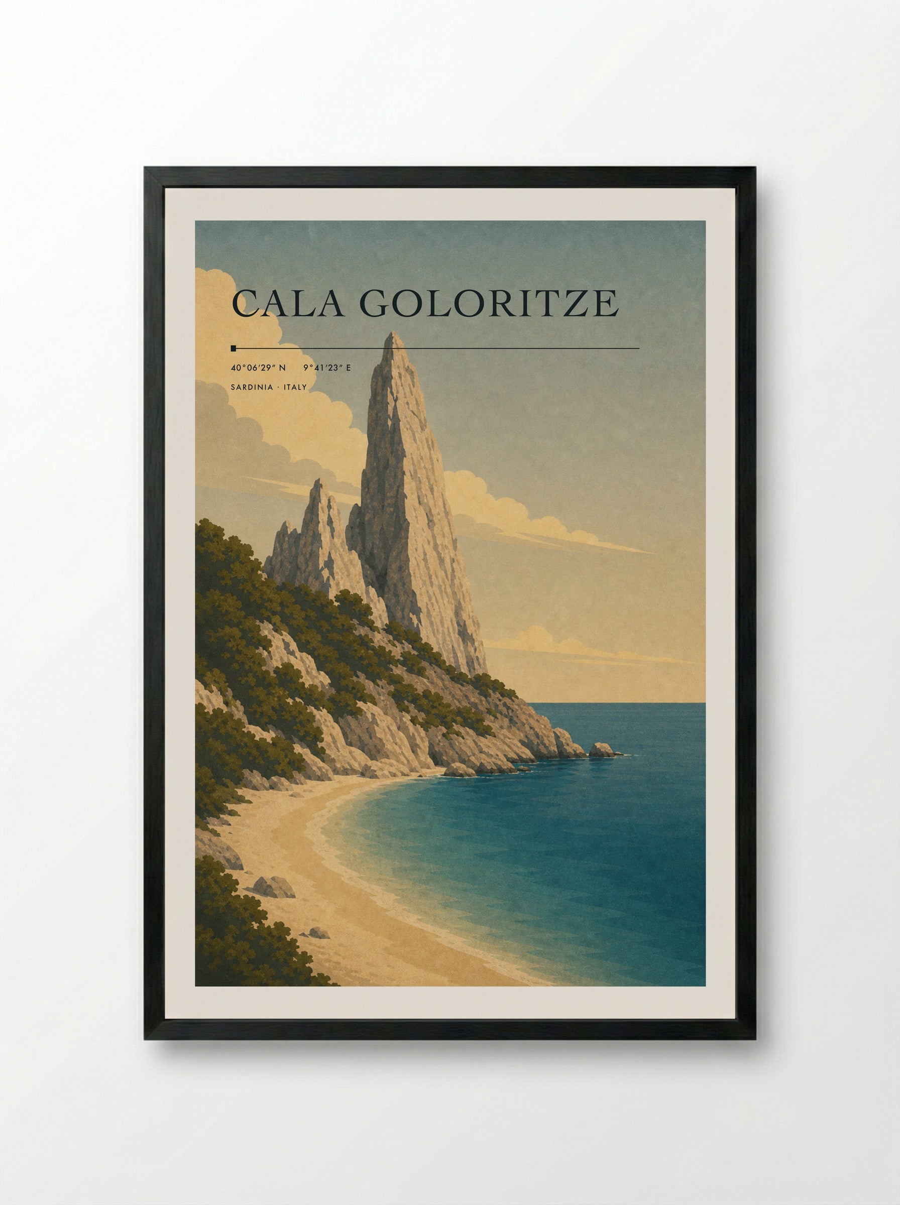 Cala Goloritze Travel Poster Artwork - Framed Print Black