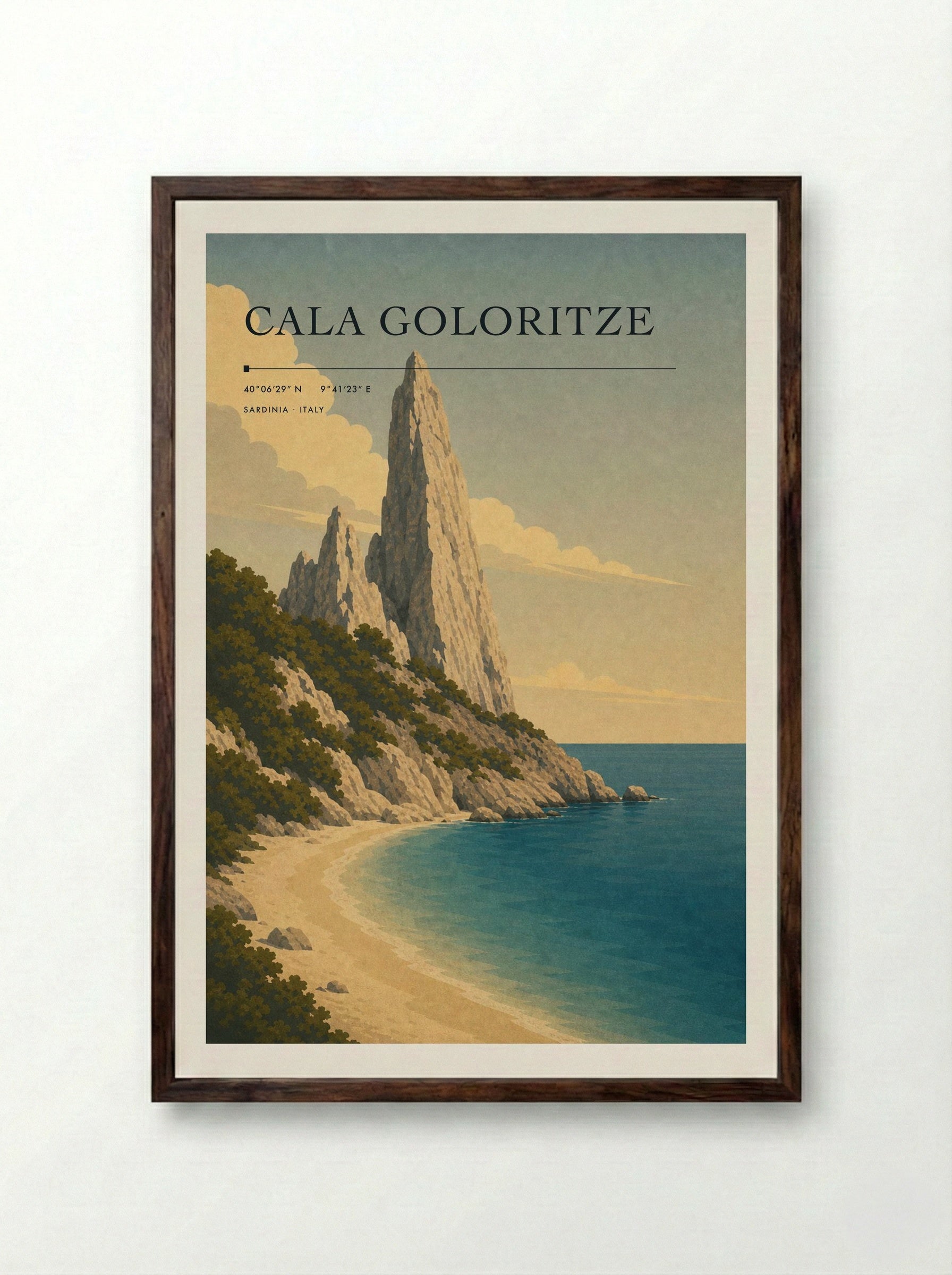 Cala Goloritze Travel Poster Artwork - Framed Print Dark Wood