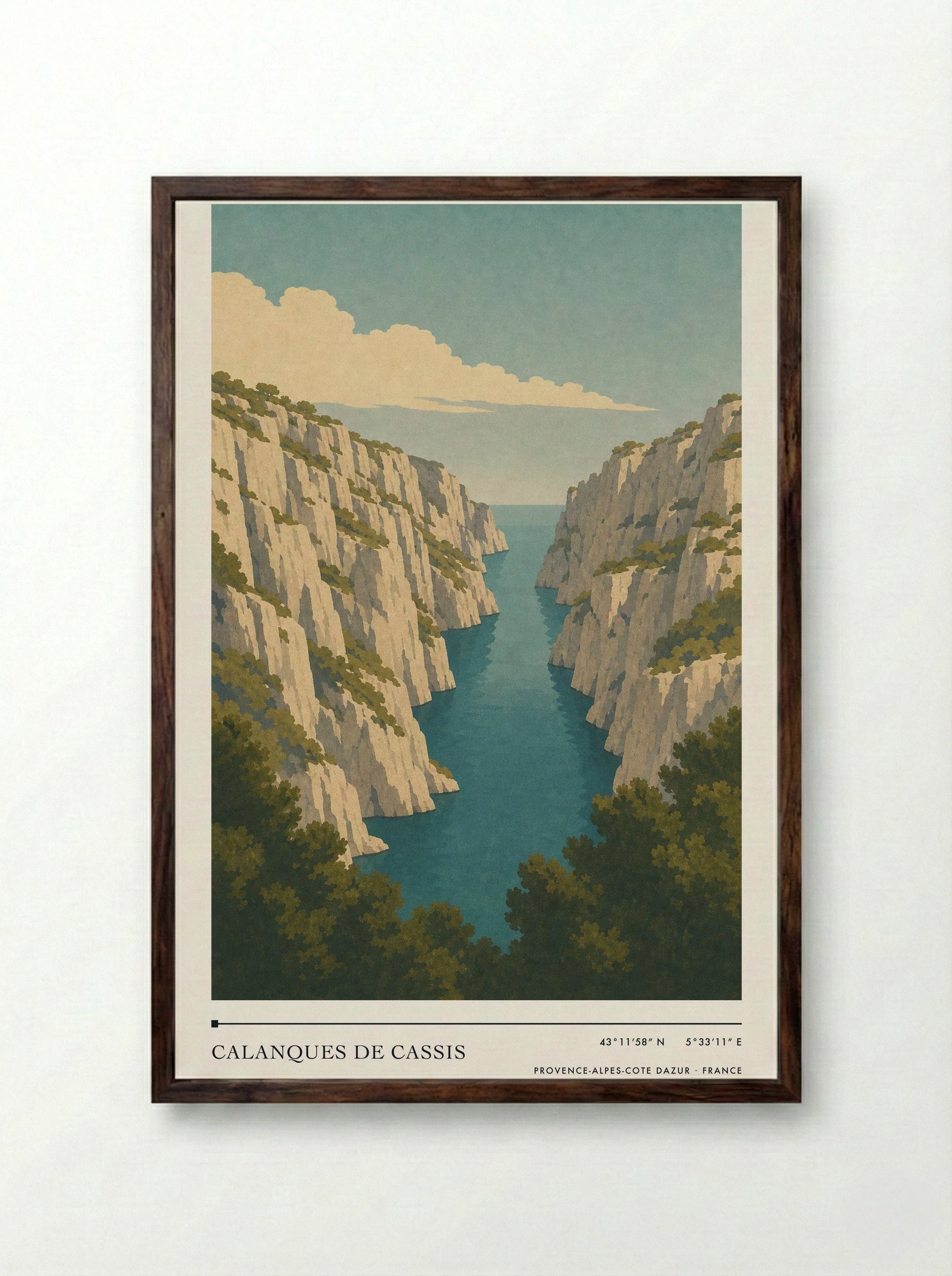 Calanques de Cassis Travel Poster Artwork - Framed Print Dark Wood