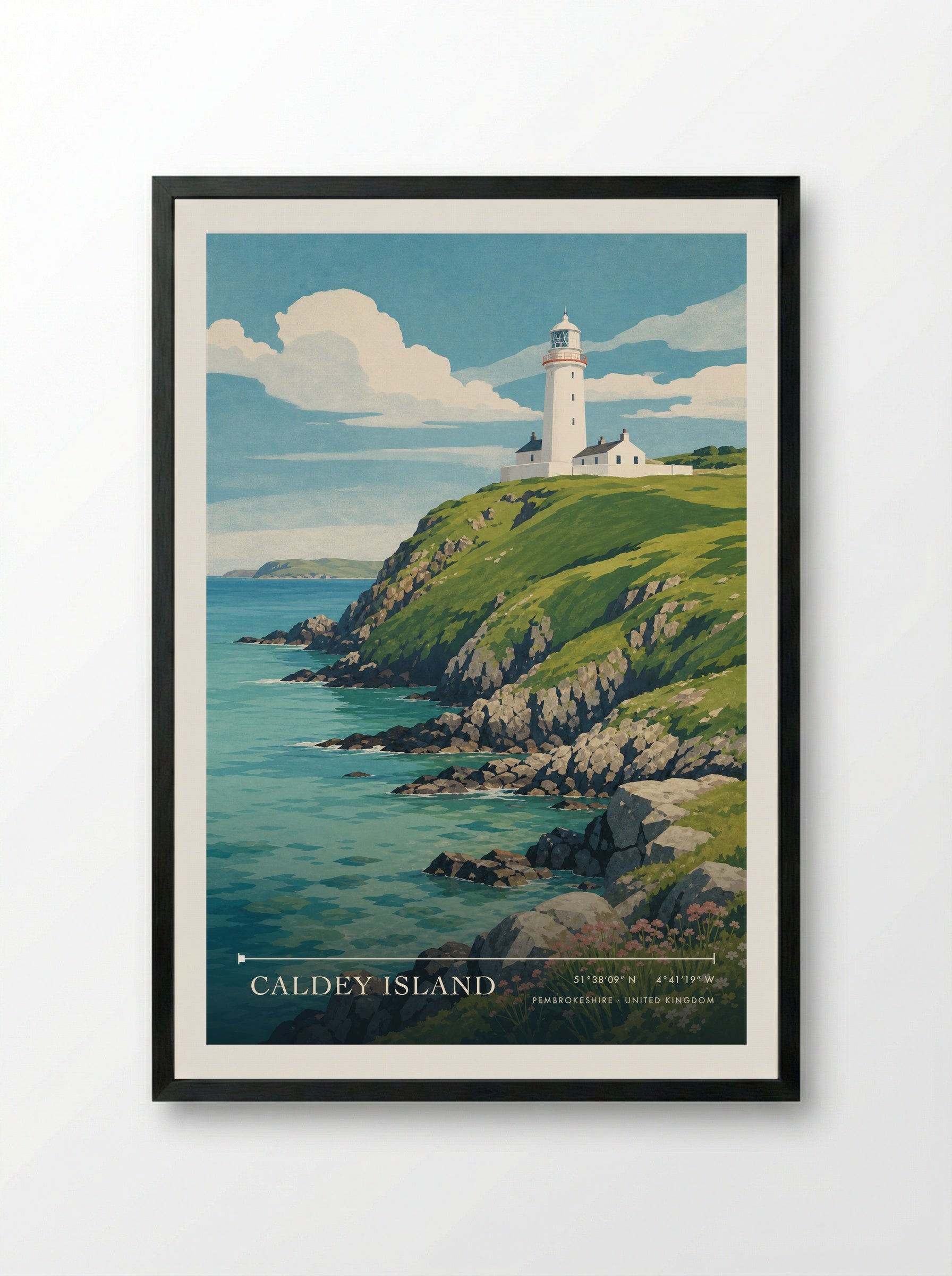 Caldey Island Pembrokeshire United Kingdom Travel Poster - Framed Print Black
