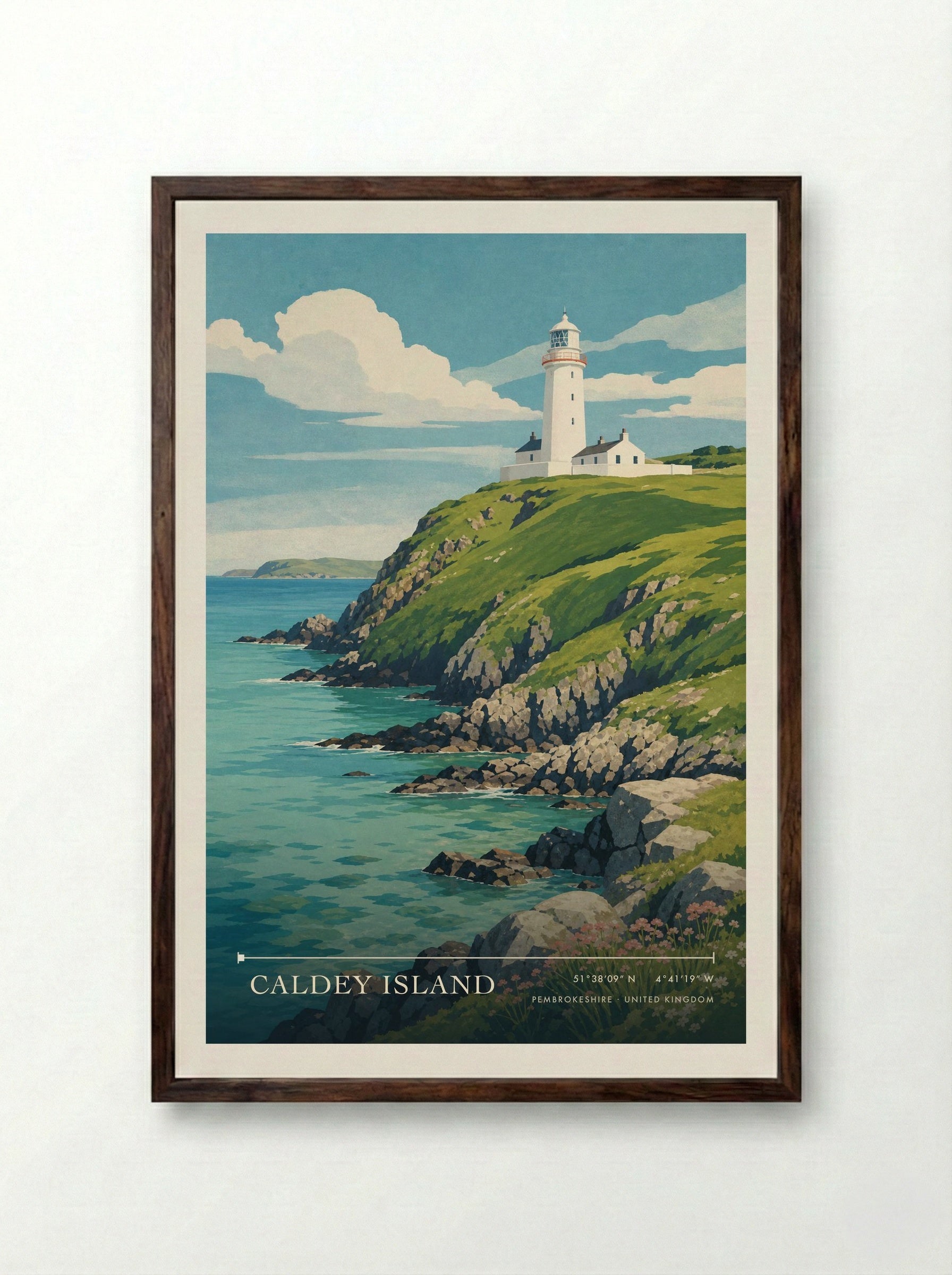 Caldey Island Pembrokeshire United Kingdom Travel Poster - Framed Print Dark Wood
