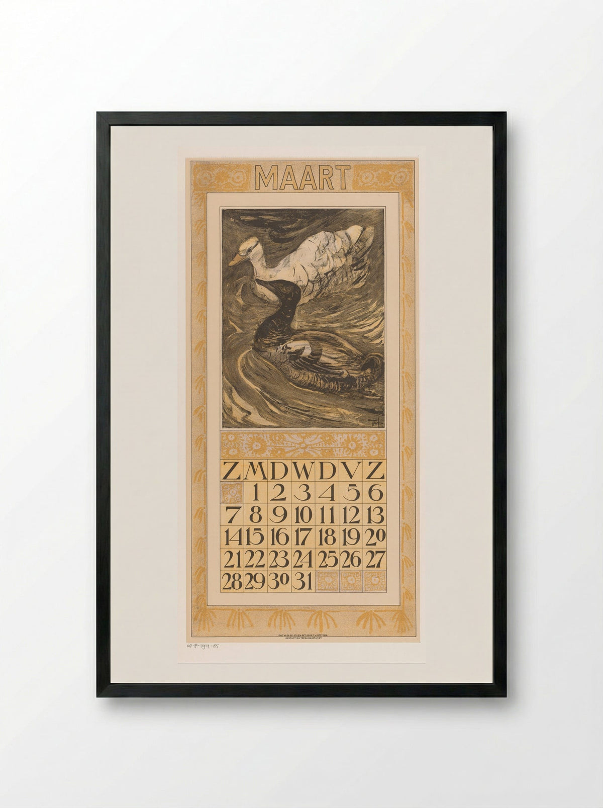 Calendar Page for March (Ducks) - Theo van Hoytema - Framed Print Black