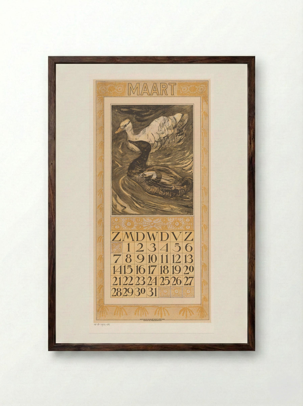 Calendar Page for March (Ducks) - Theo van Hoytema - Framed Print Dark Wood