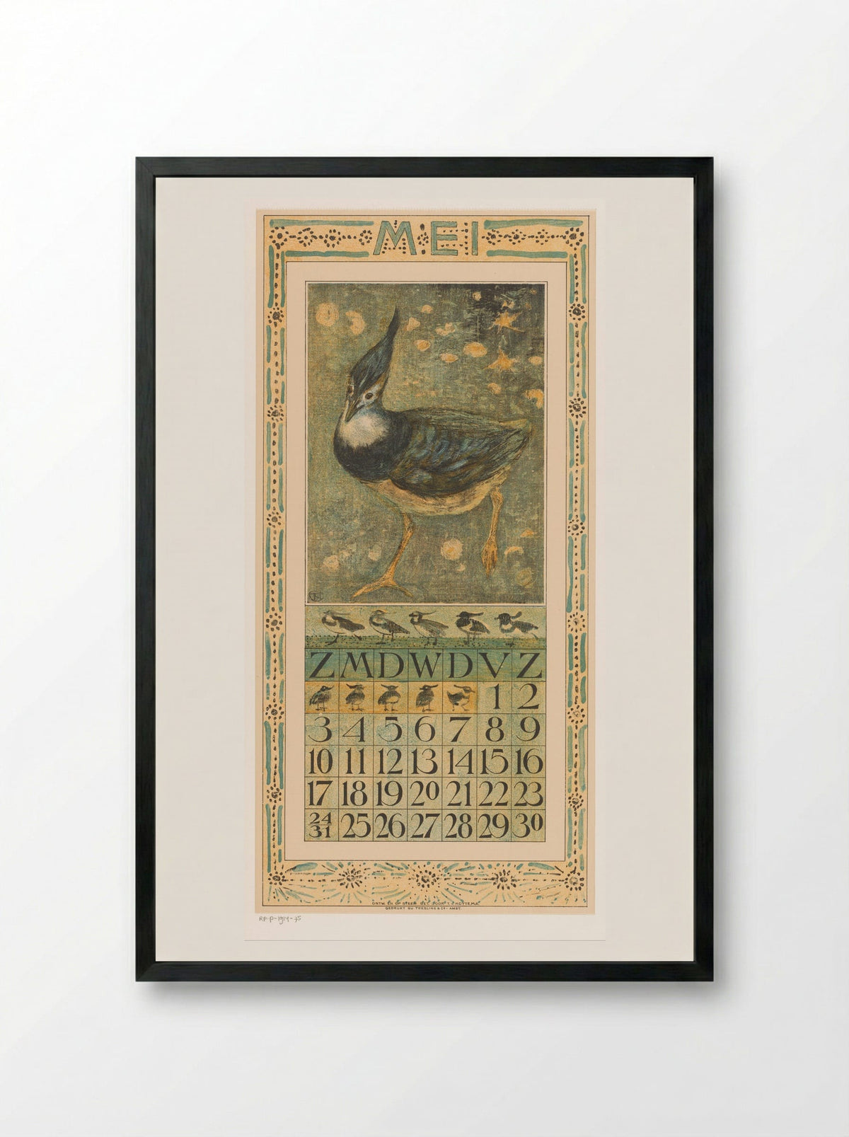 Calendar Page for May with Lapwing - Theo van Hoytema - Framed Print Black