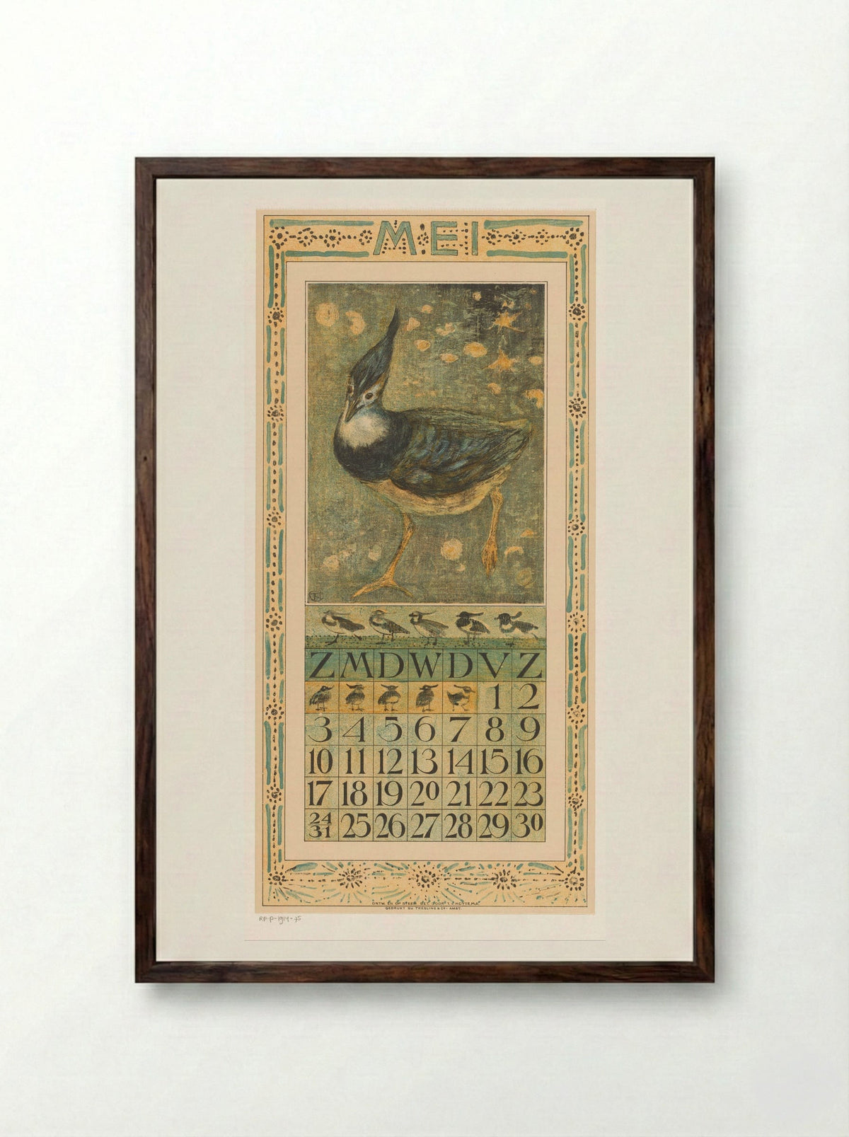 Calendar Page for May with Lapwing - Theo van Hoytema - Framed Print Dark Wood