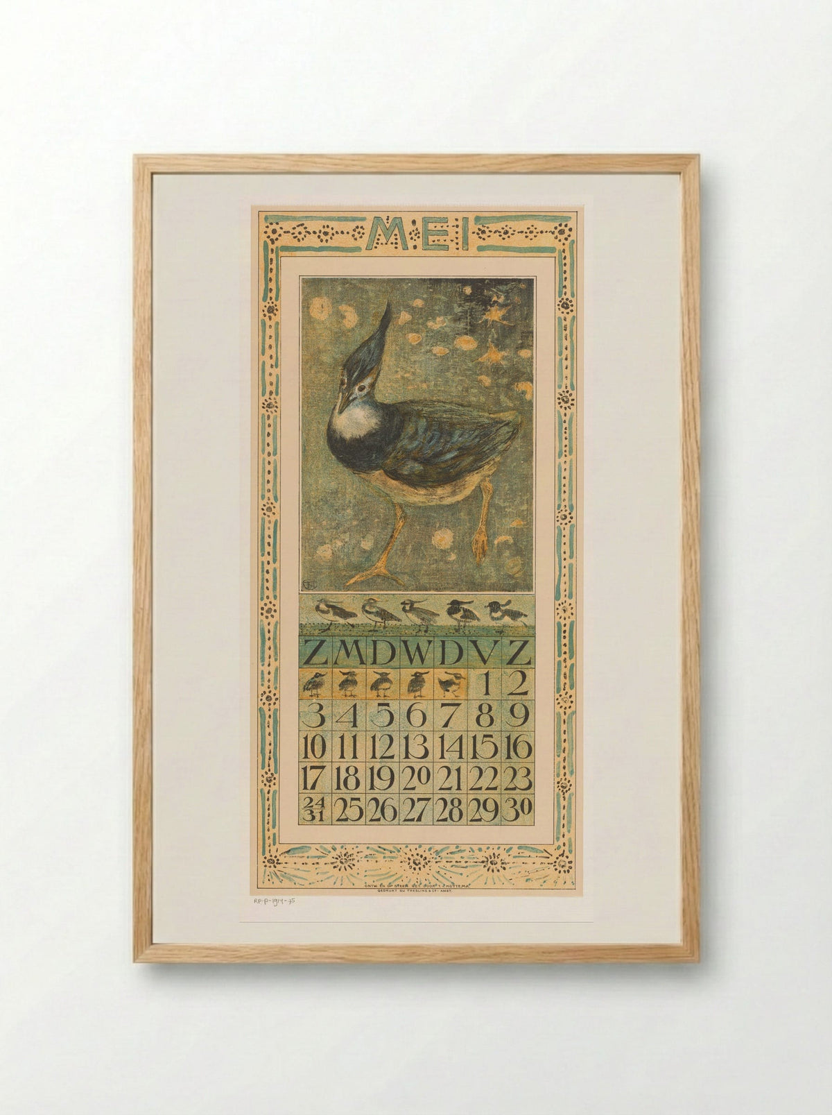 Calendar Page for May with Lapwing - Theo van Hoytema - Framed Print Wood