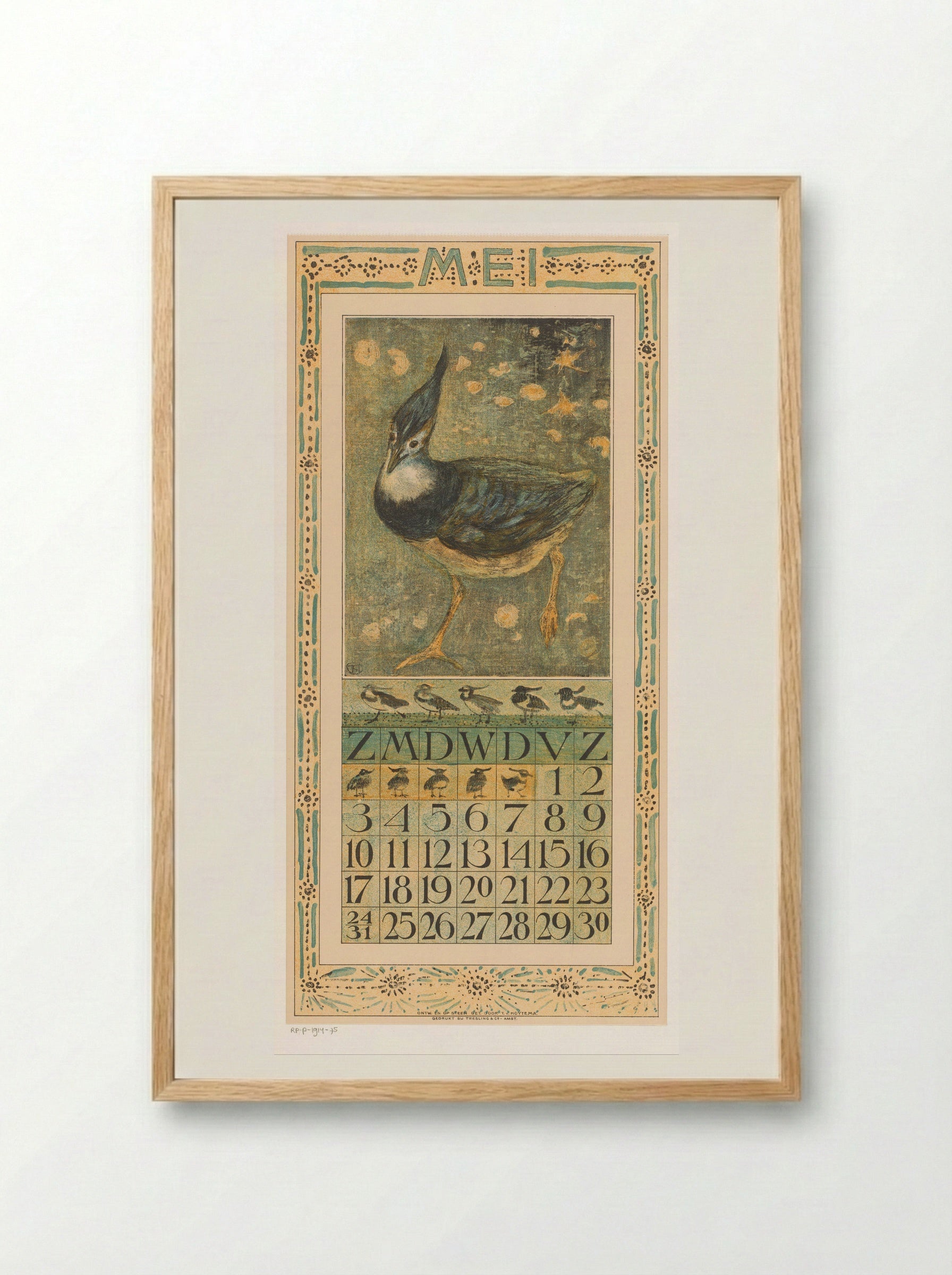 Calendar Page for May with Lapwing - Theo van Hoytema - Framed Print Wood