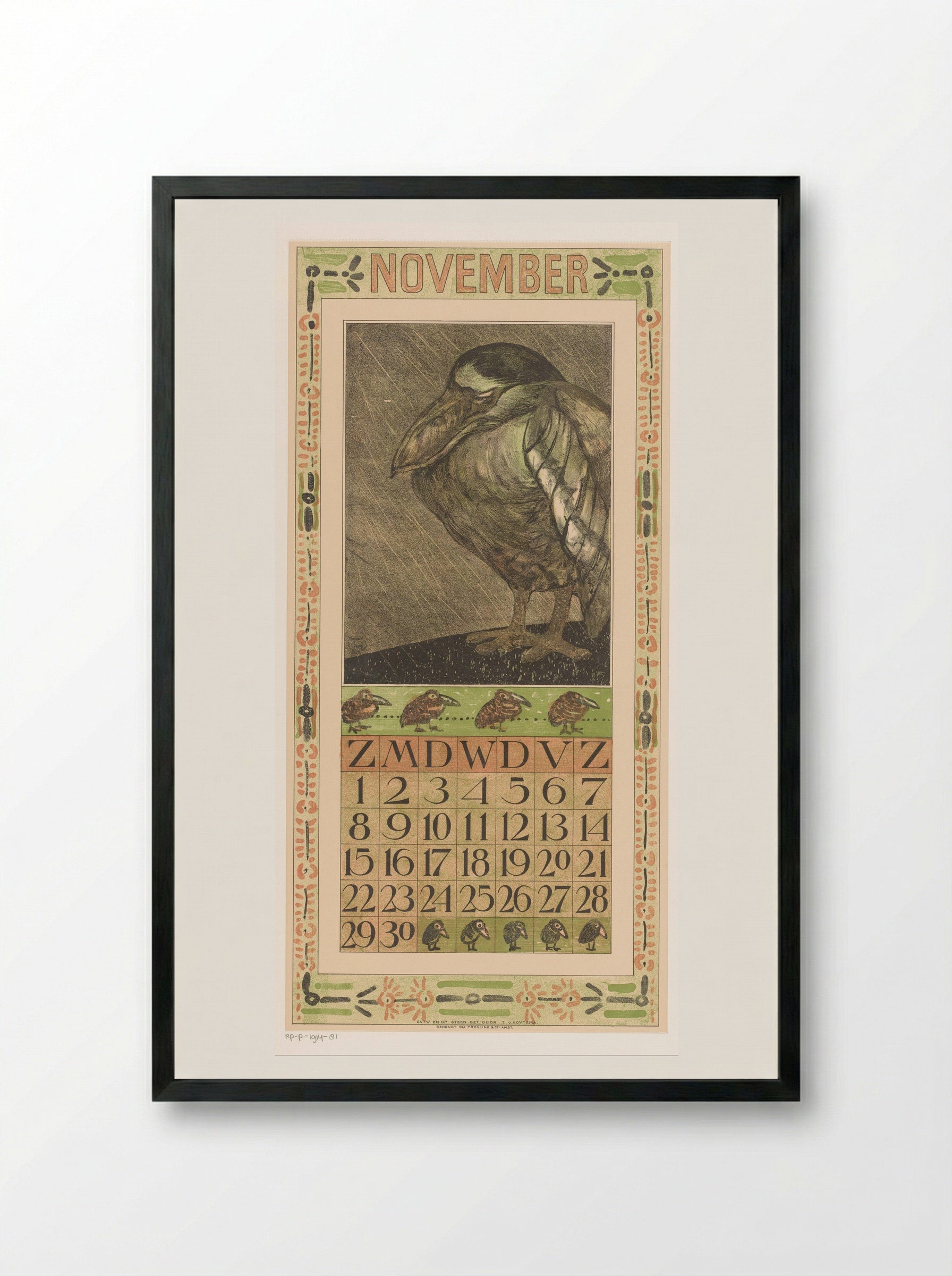 Calendar Page for November (Bird in the Rain) - Theo van Hoytema - Framed Print Black