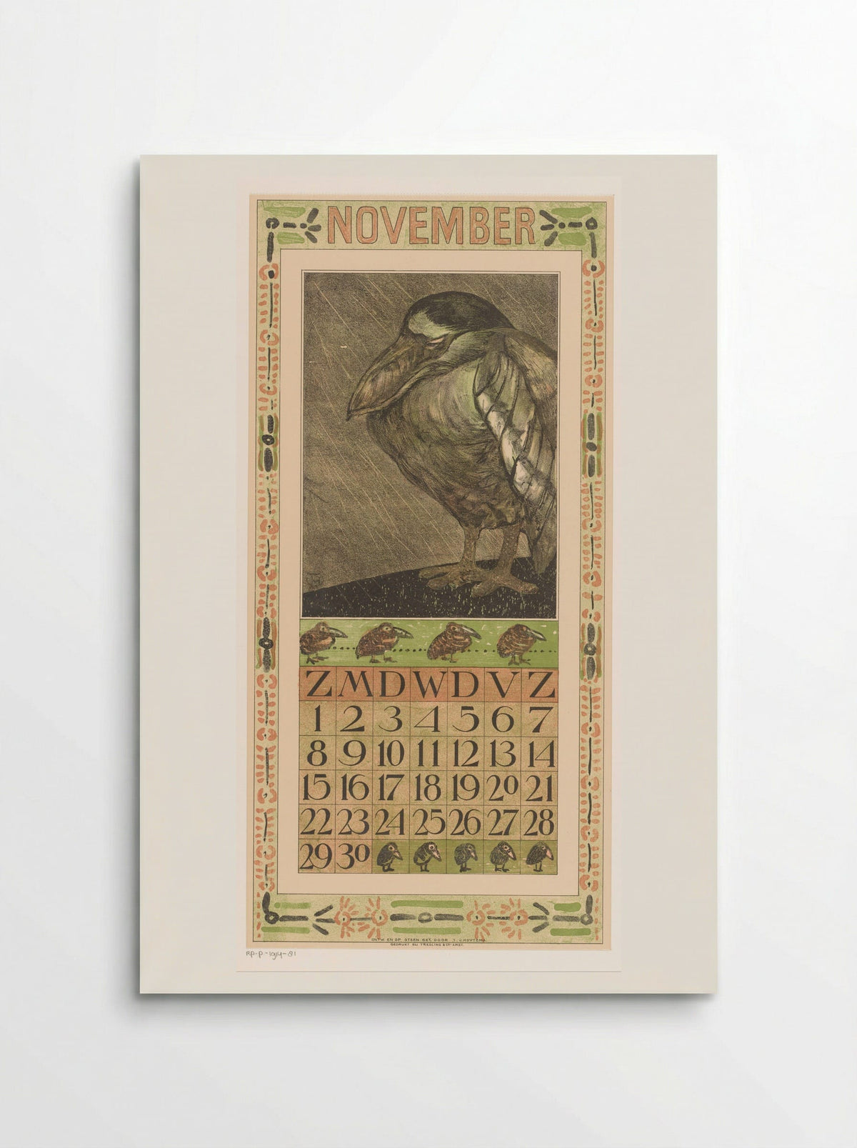 Calendar Page for November (Bird in the Rain) - Theo van Hoytema - Poster