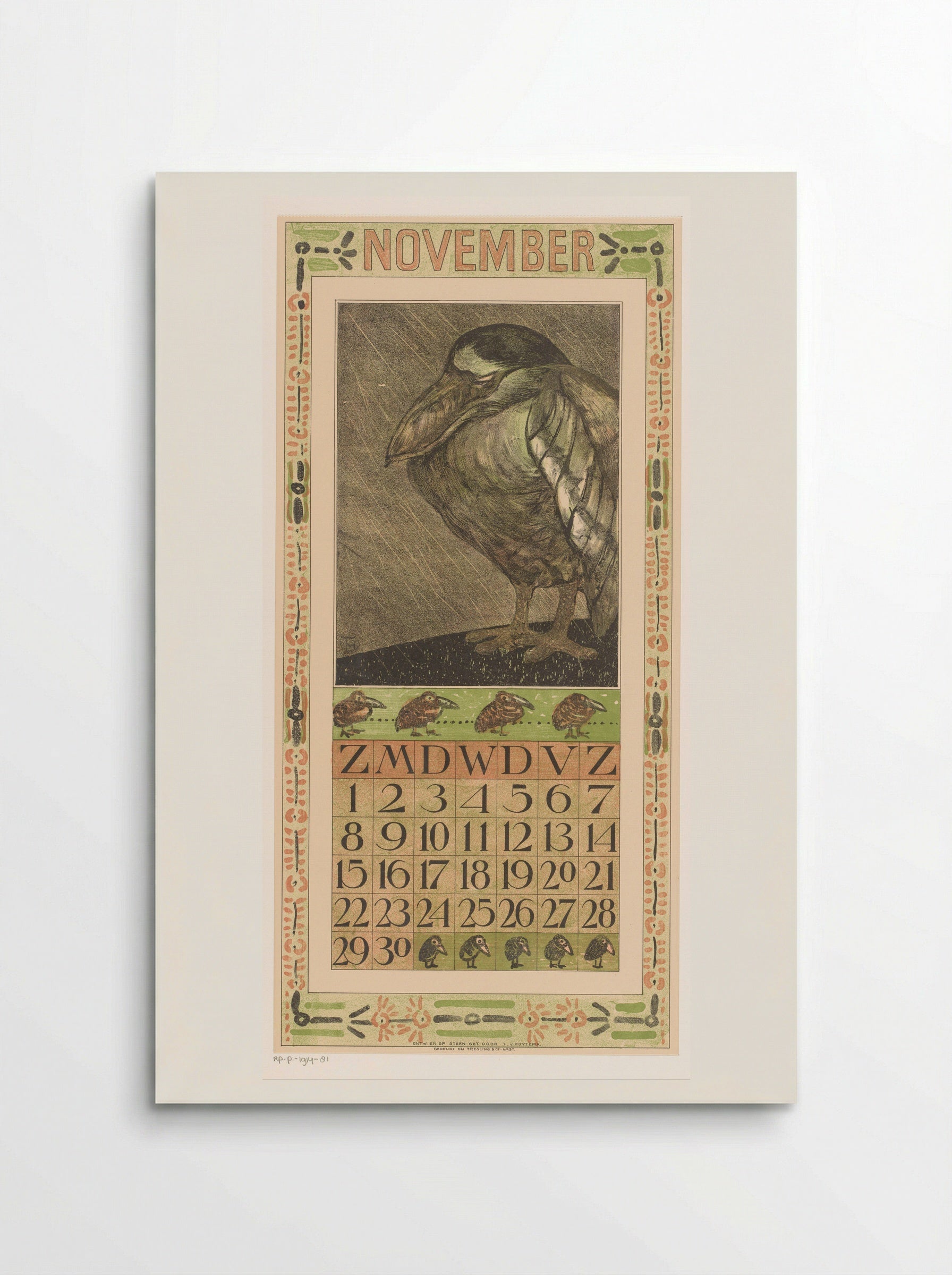 Calendar Page for November (Bird in the Rain) - Theo van Hoytema - Poster
