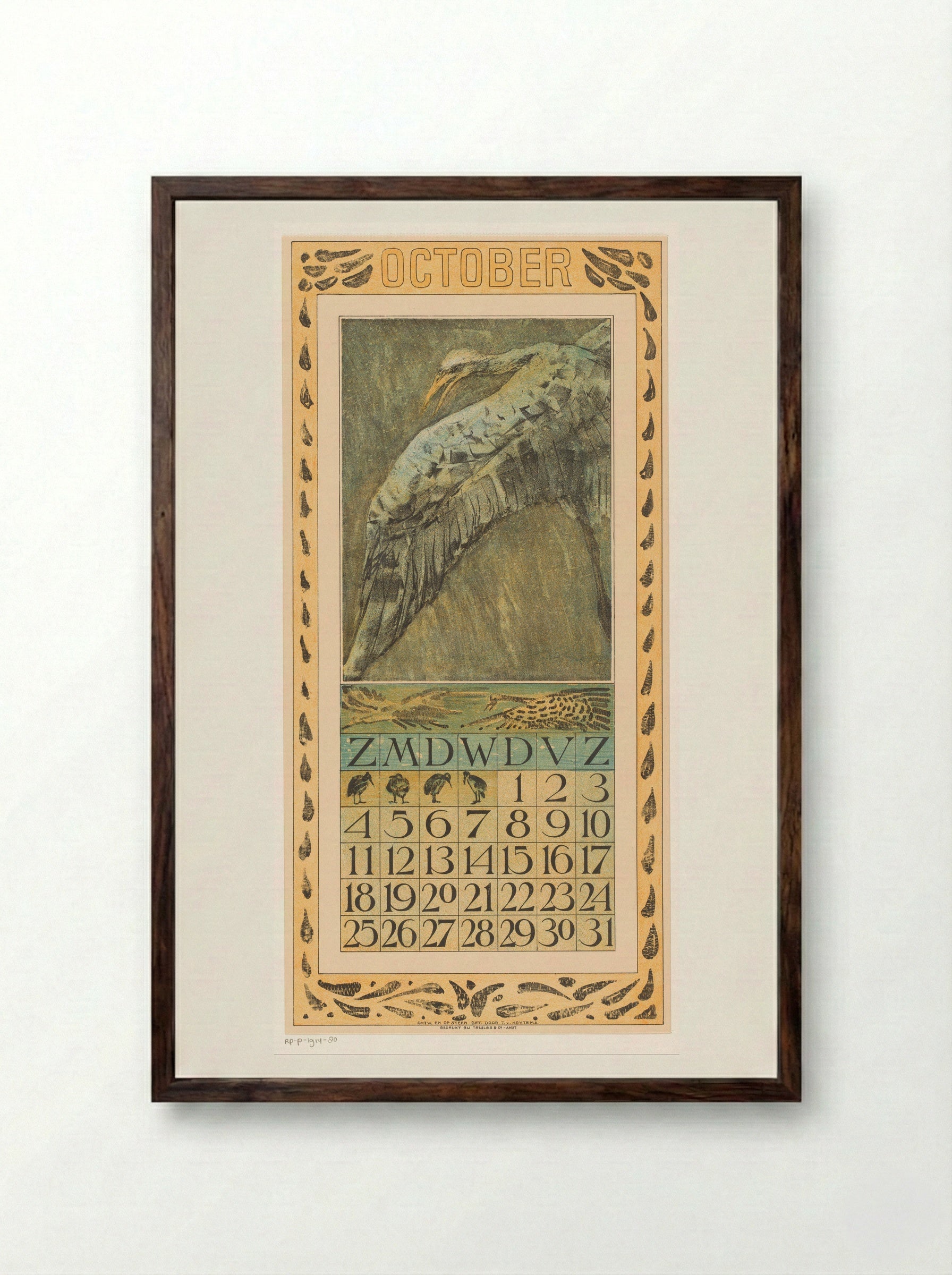 Calendar Page for October (Flying Bird) - Theo van Hoytema - Framed Print Dark Wood