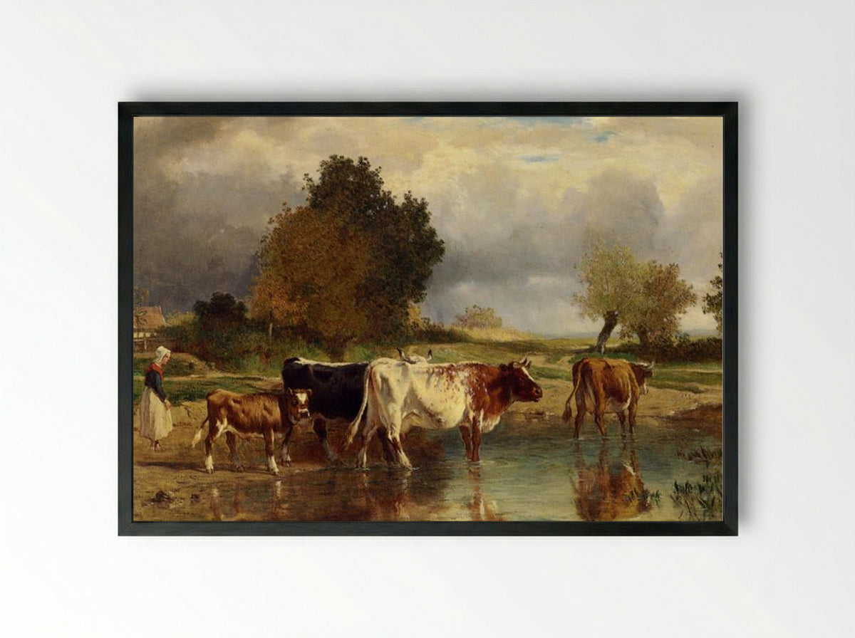 Calf Cows at the Marl - Constant Troyon - Framed Print Black