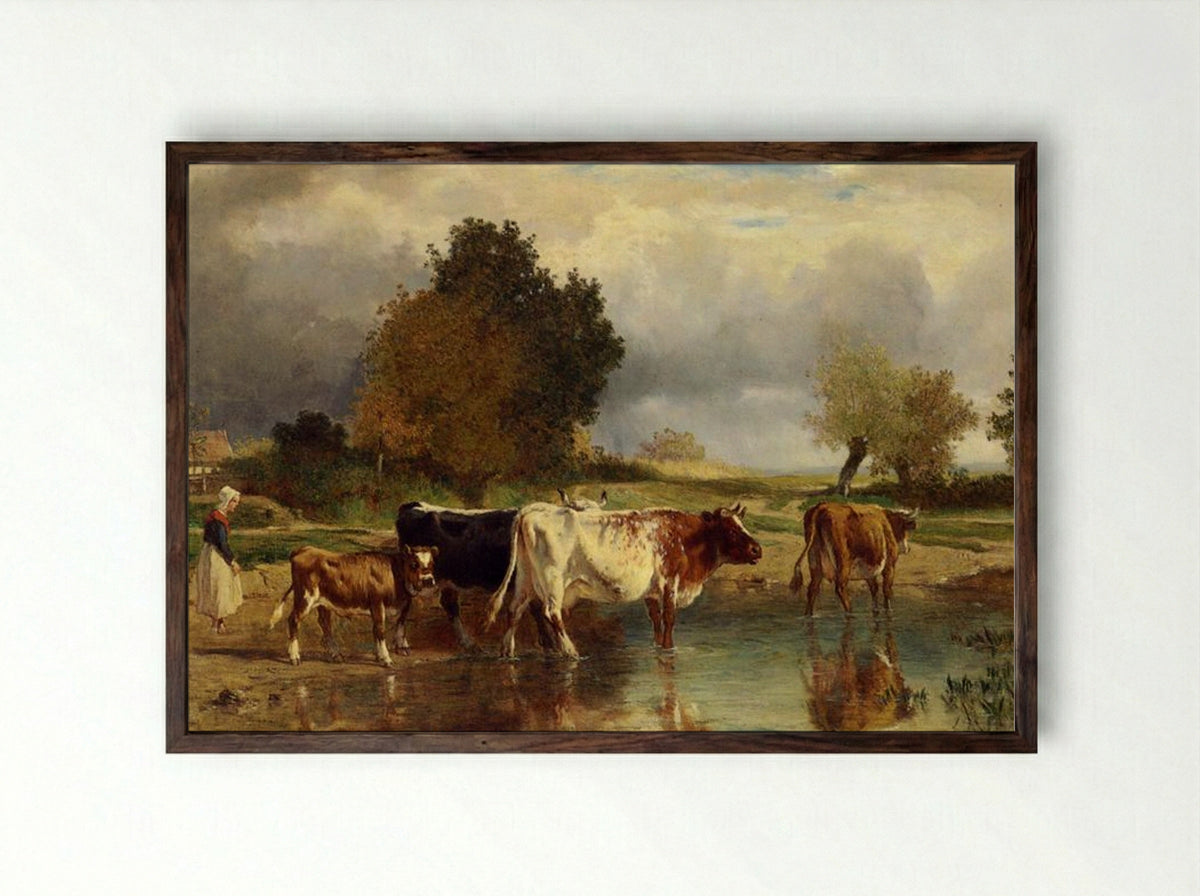 Calf Cows at the Marl - Constant Troyon - Framed Print Dark Wood