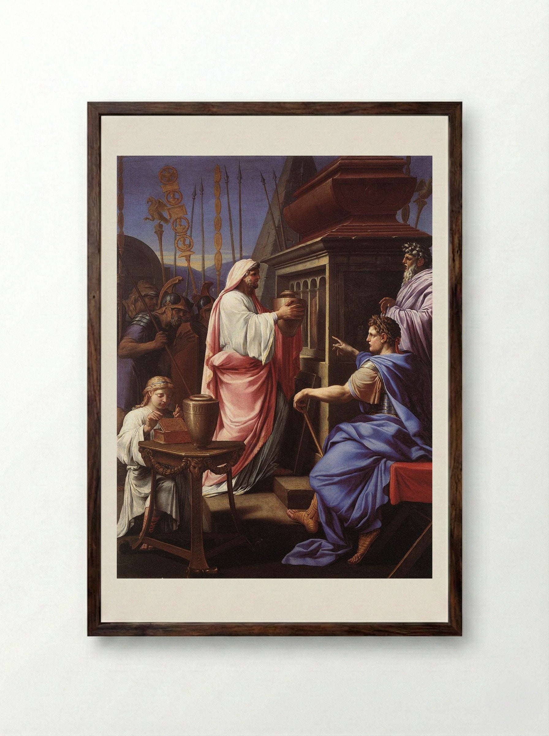 Caligula Depositing the Ashes of his Mother and Brother in the Tomb of his Ancestors - Eustache Le Sueur - Framed Print Dark Wood