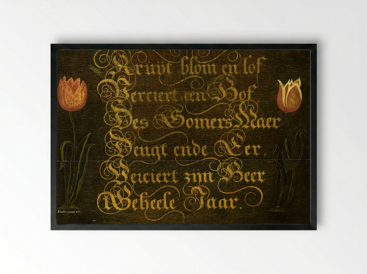 Calligraphed Proverb Flanked by Two Tulips - Isaac Hondius - Framed Print Black