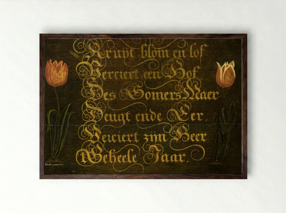 Calligraphed Proverb Flanked by Two Tulips - Isaac Hondius - Framed Print Dark Wood