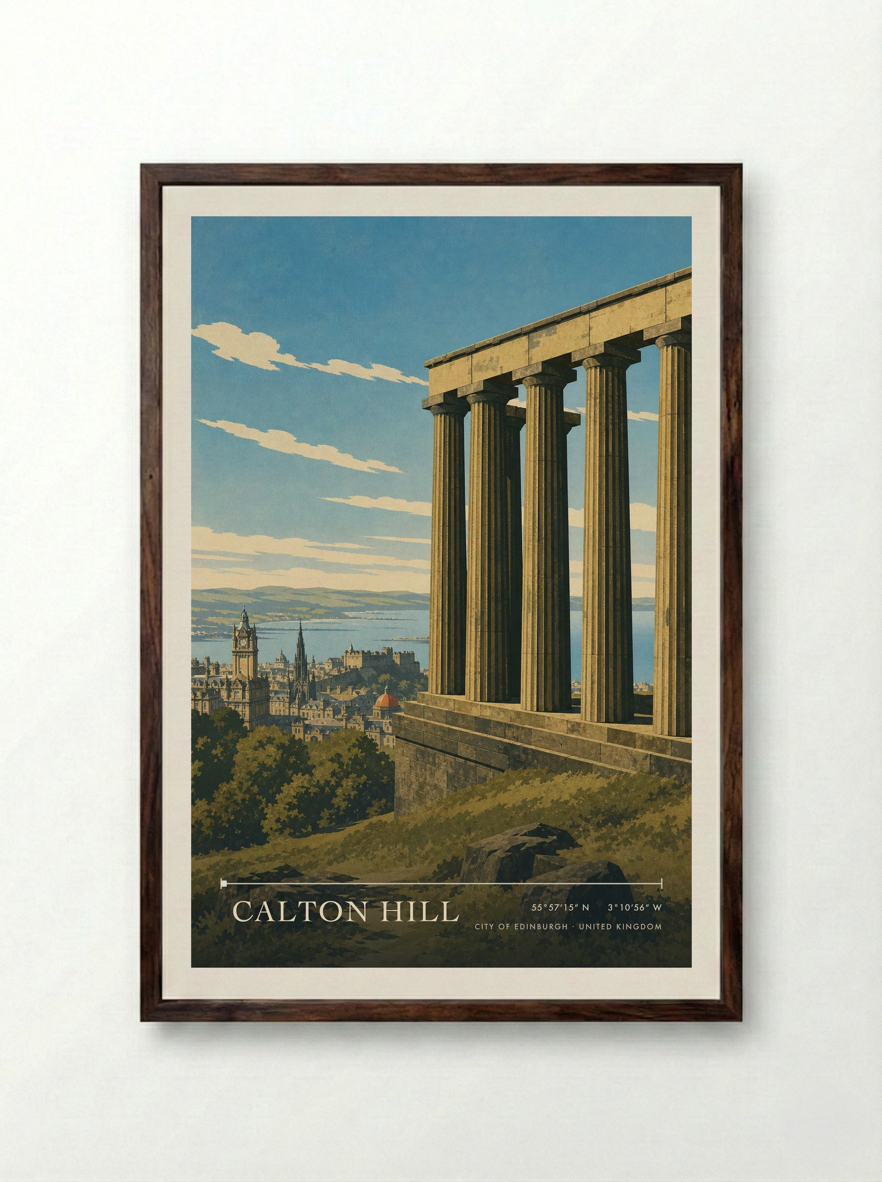 Calton Hill City of Edinburgh United Kingdom Travel Poster - Framed Print Dark Wood
