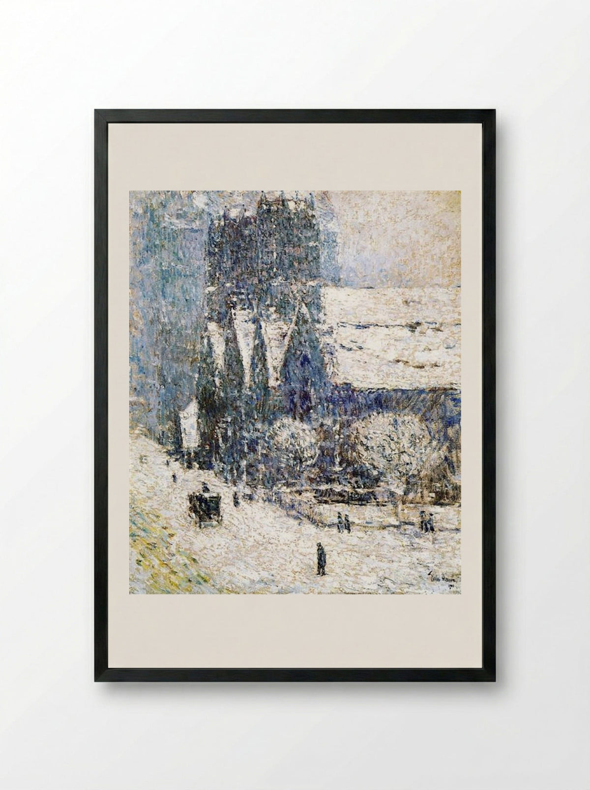 Calvary Church in the Snow - Childe Hassam - Framed Print Black