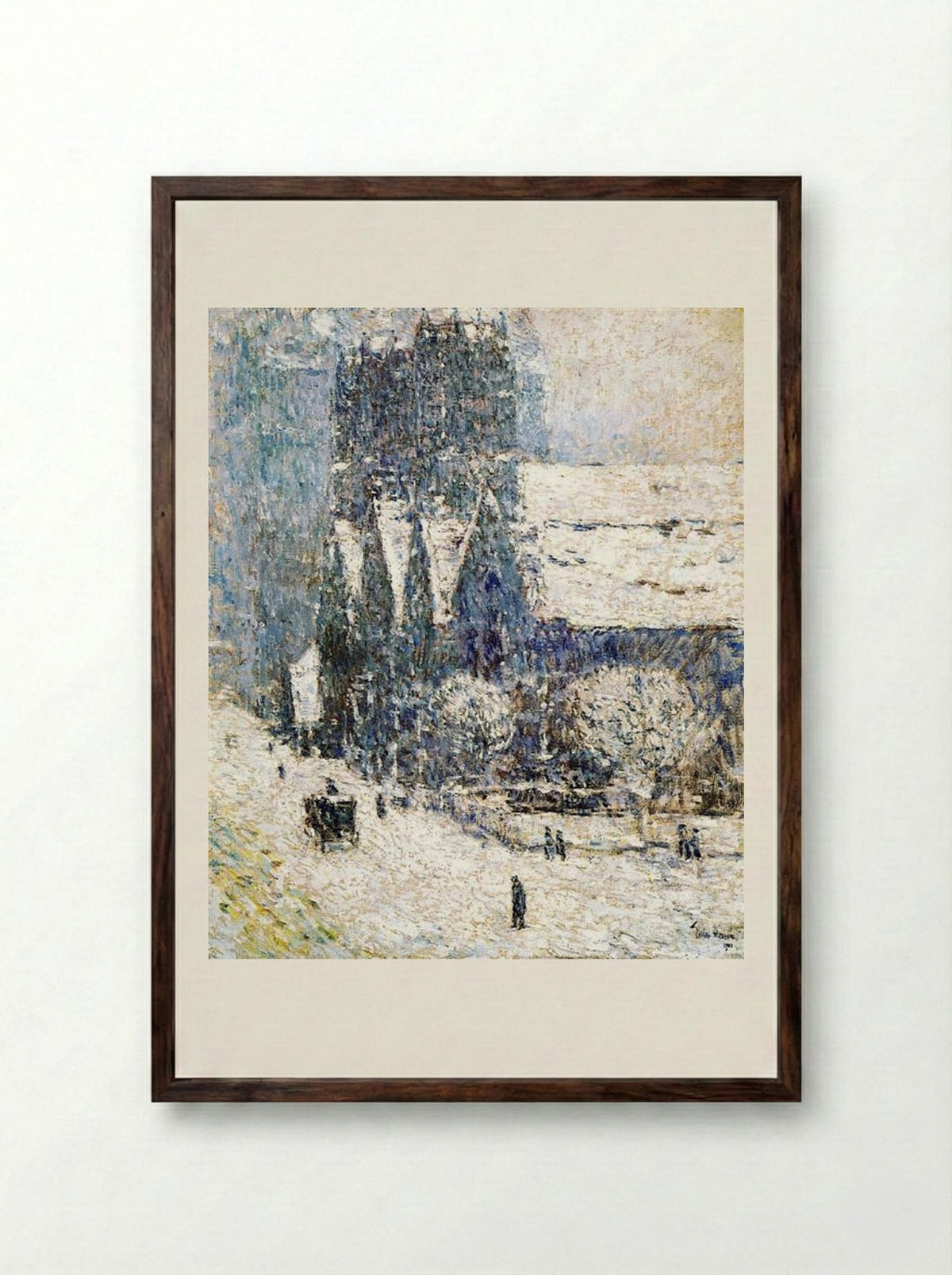 Calvary Church in the Snow - Childe Hassam - Framed Print Dark Wood