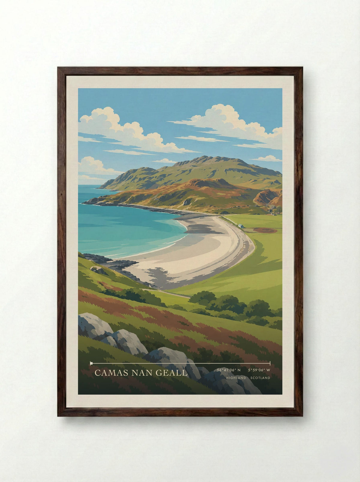Camas nan Geall, Highland | Travel Poster - Framed Print Dark Wood