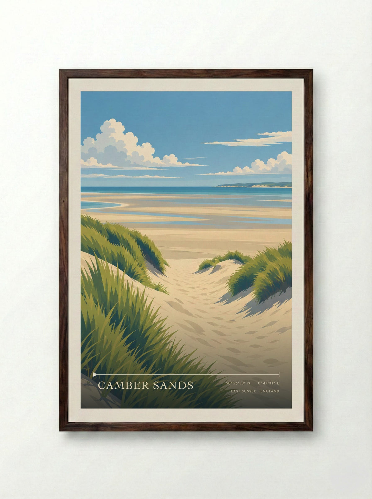 Camber Sands, East Sussex | Travel Poster - Framed Print Dark Wood