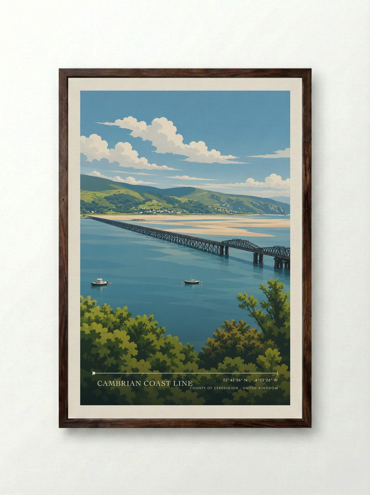 Cambrian Coast Line, County of Ceredigion | Travel Poster - Framed Print Dark Wood