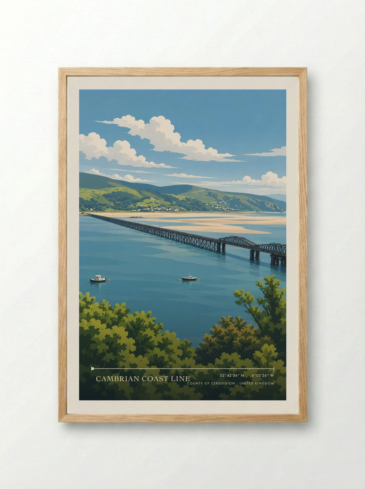 Cambrian Coast Line, County of Ceredigion | Travel Poster - Framed Print Wood