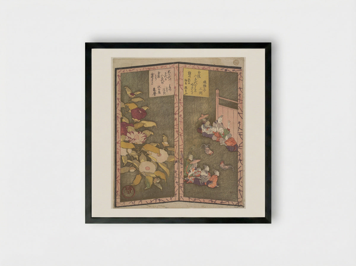 Camellia Flowers and People Watching a Cockfight - Ryūryūkyo Shinsai - Framed Print Black