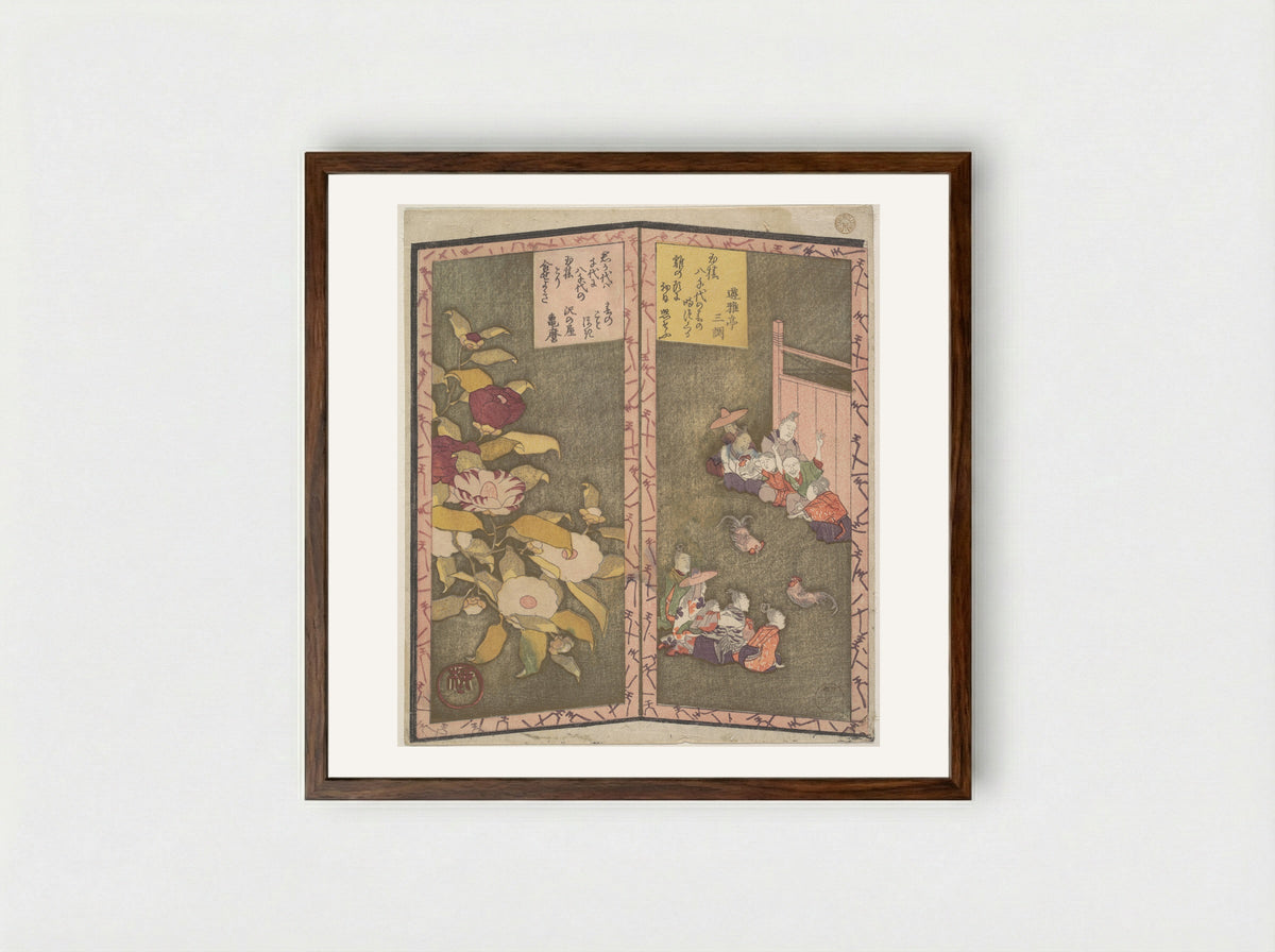 Camellia Flowers and People Watching a Cockfight - Ryūryūkyo Shinsai - Framed Print Dark Wood