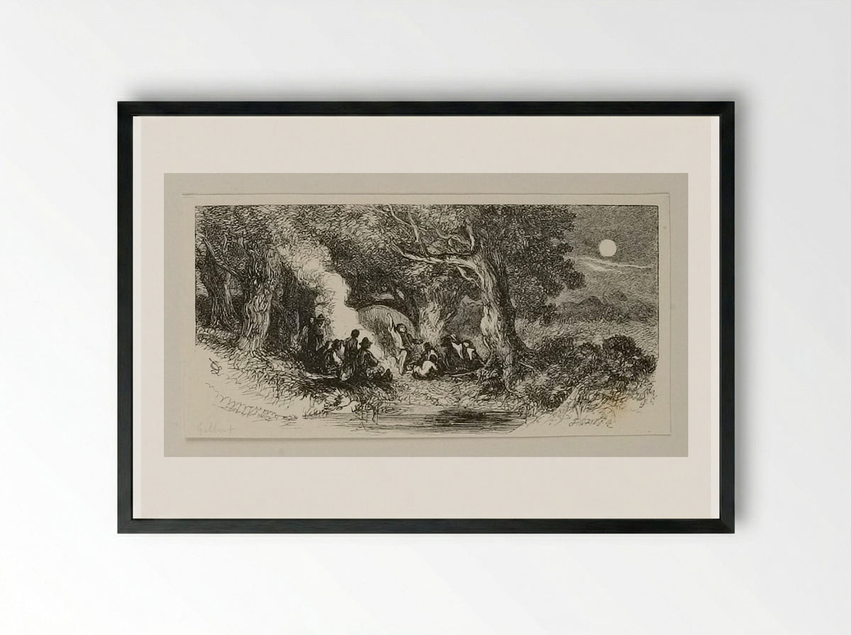 Camp Fire by Moonlight - Edward Dalziel - Framed Print Black