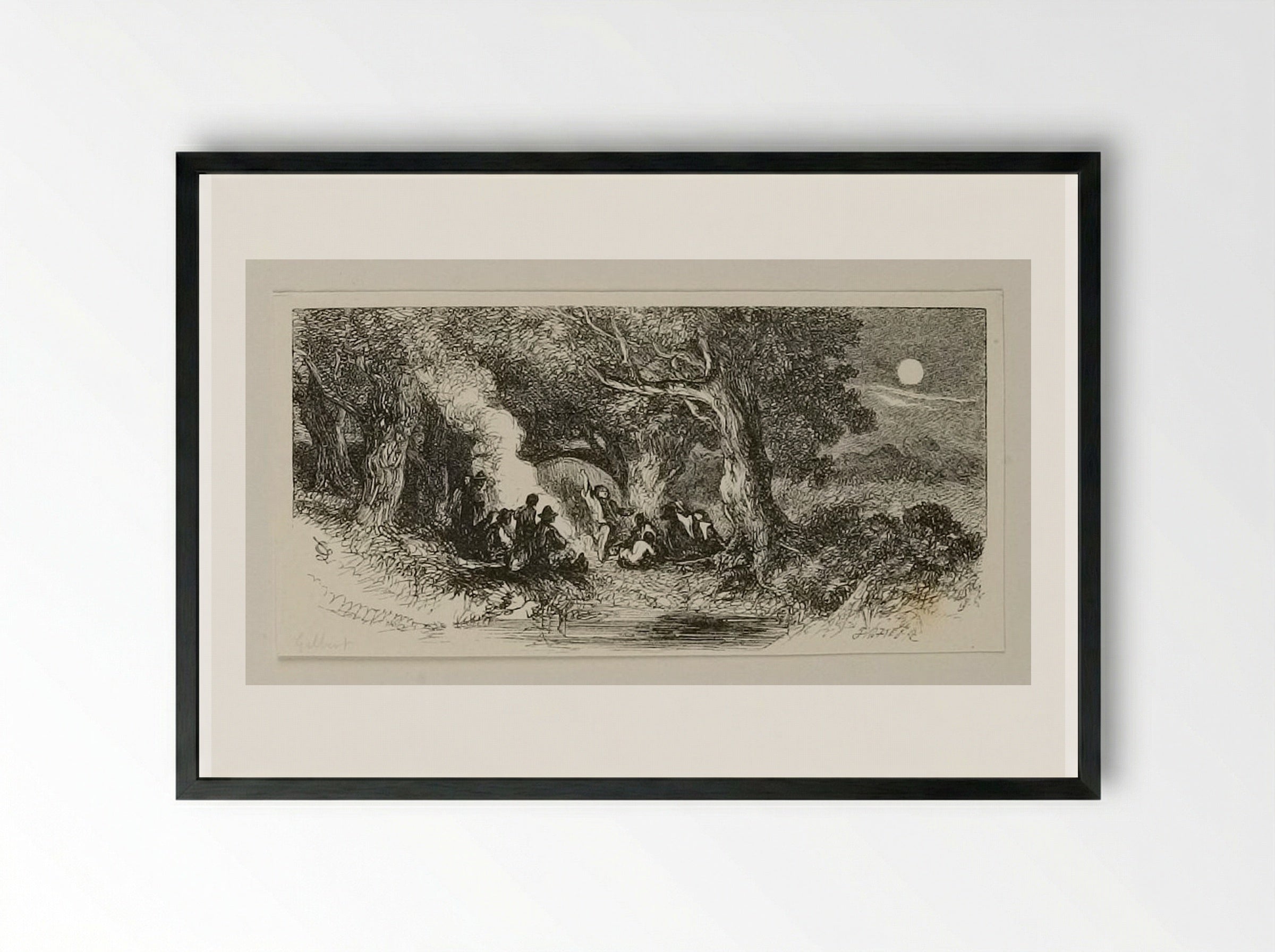 Camp Fire by Moonlight - Edward Dalziel - Framed Print Black