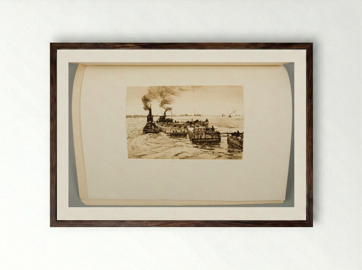 Canal Boats and Tugs - Charles Adams Platt - Framed Print Dark Wood