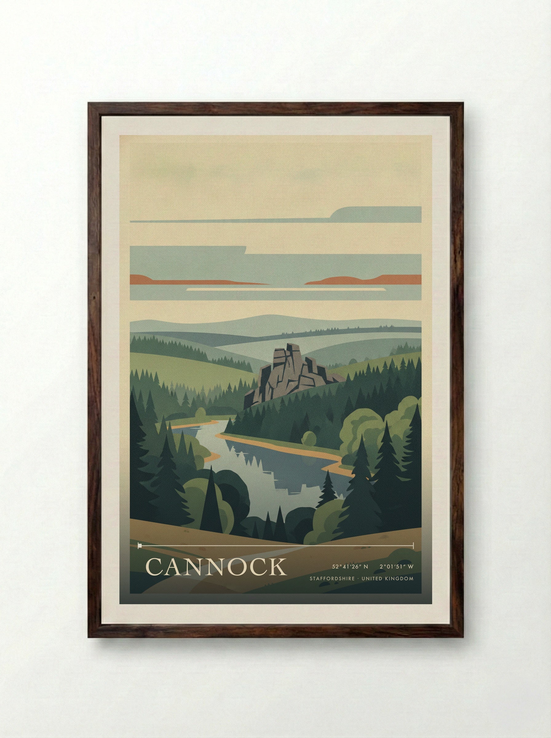 Cannock Staffordshire United Kingdom Travel Poster - Framed Print Dark Wood