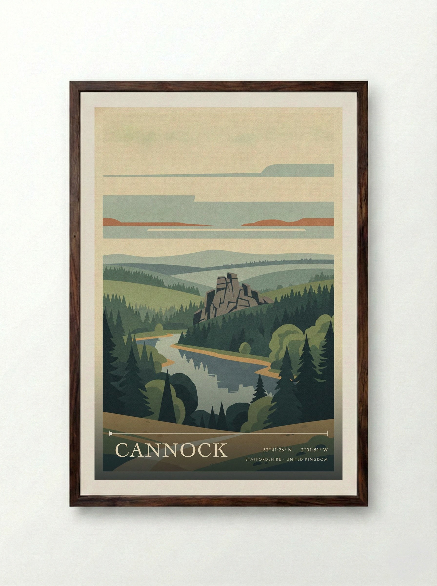 Cannock Staffordshire United Kingdom Travel Poster - Framed Print Dark Wood