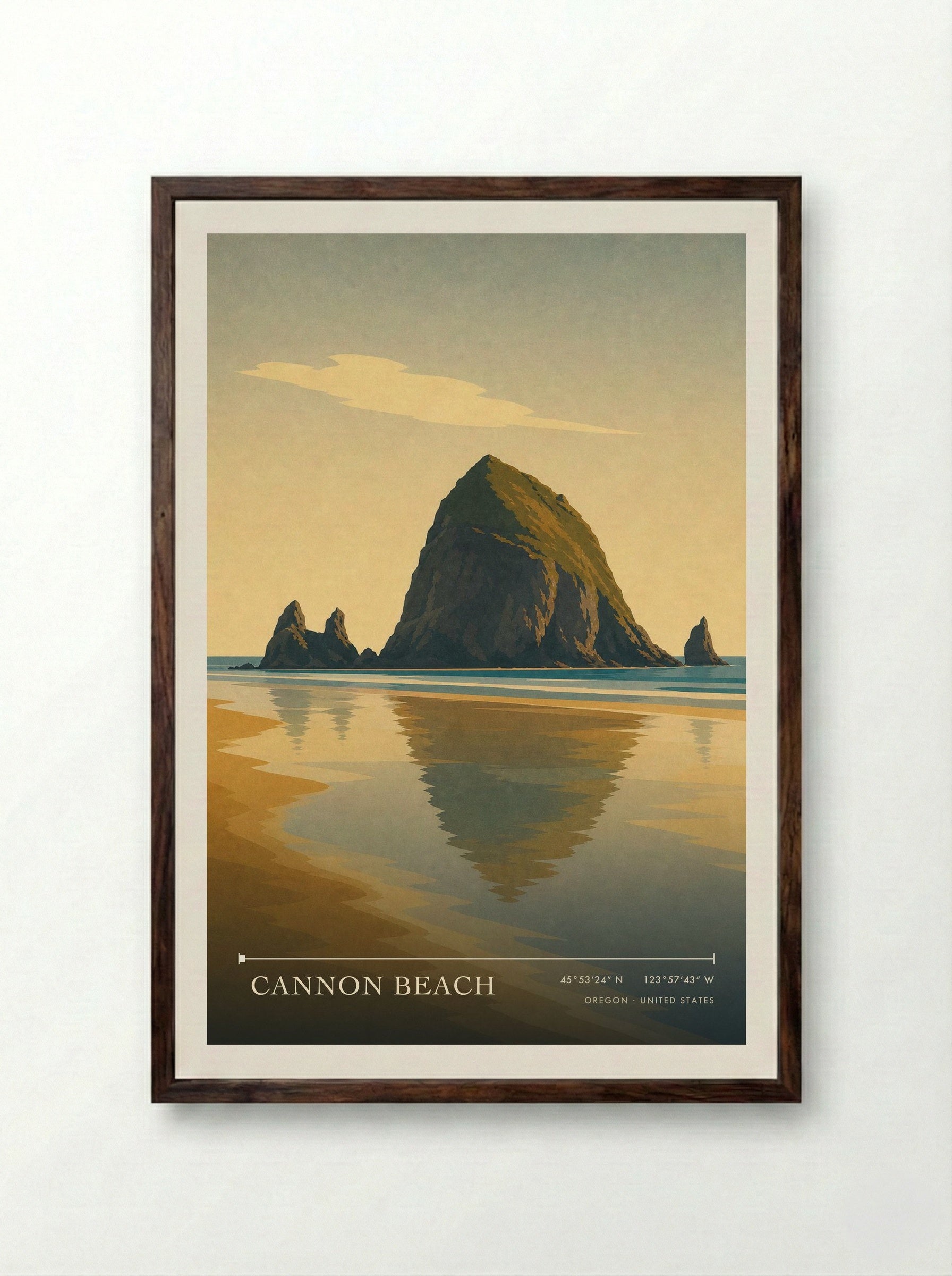 Cannon Beach Travel Poster Artwork - Framed Print Dark Wood