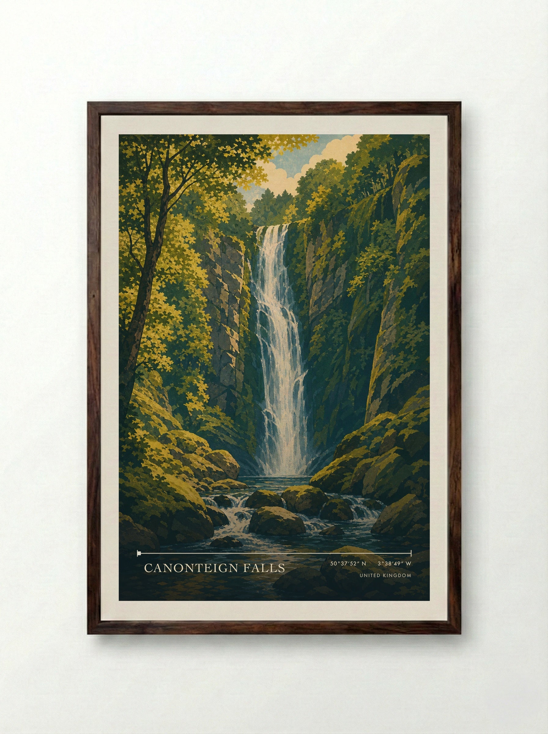 Canonteign Falls United Kingdom Travel Poster - Framed Print Dark Wood