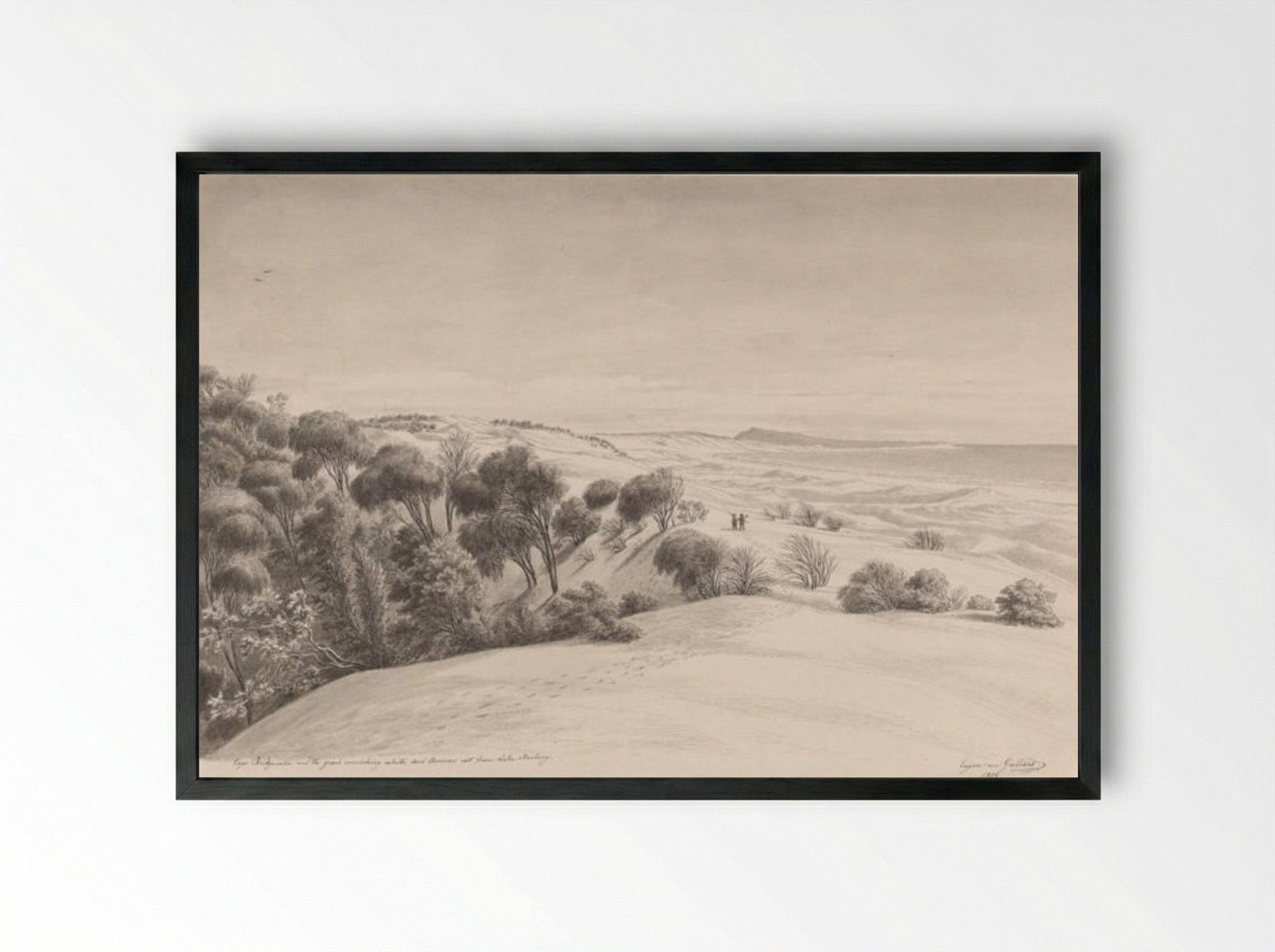 Cape Bridgewater and the grand encroaching white sand hommocs east from Lake Bonbong - Eugene von Guerard - Framed Print Black