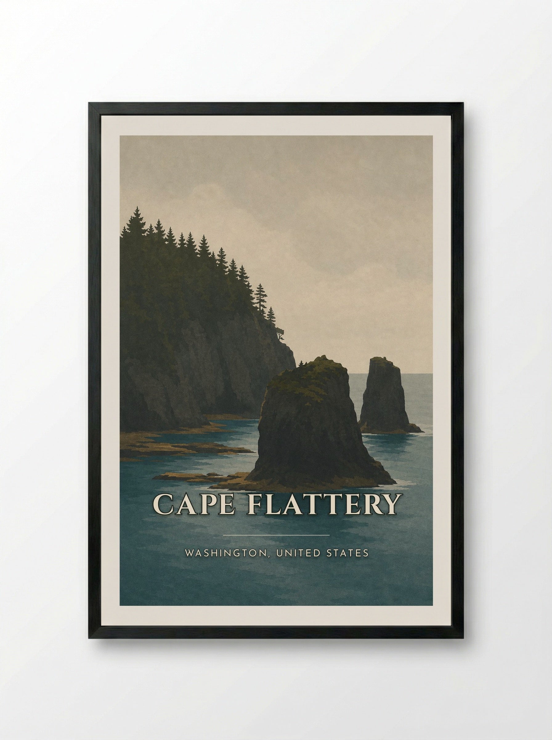 Cape Flattery Travel Poster Artwork - Framed Print Black