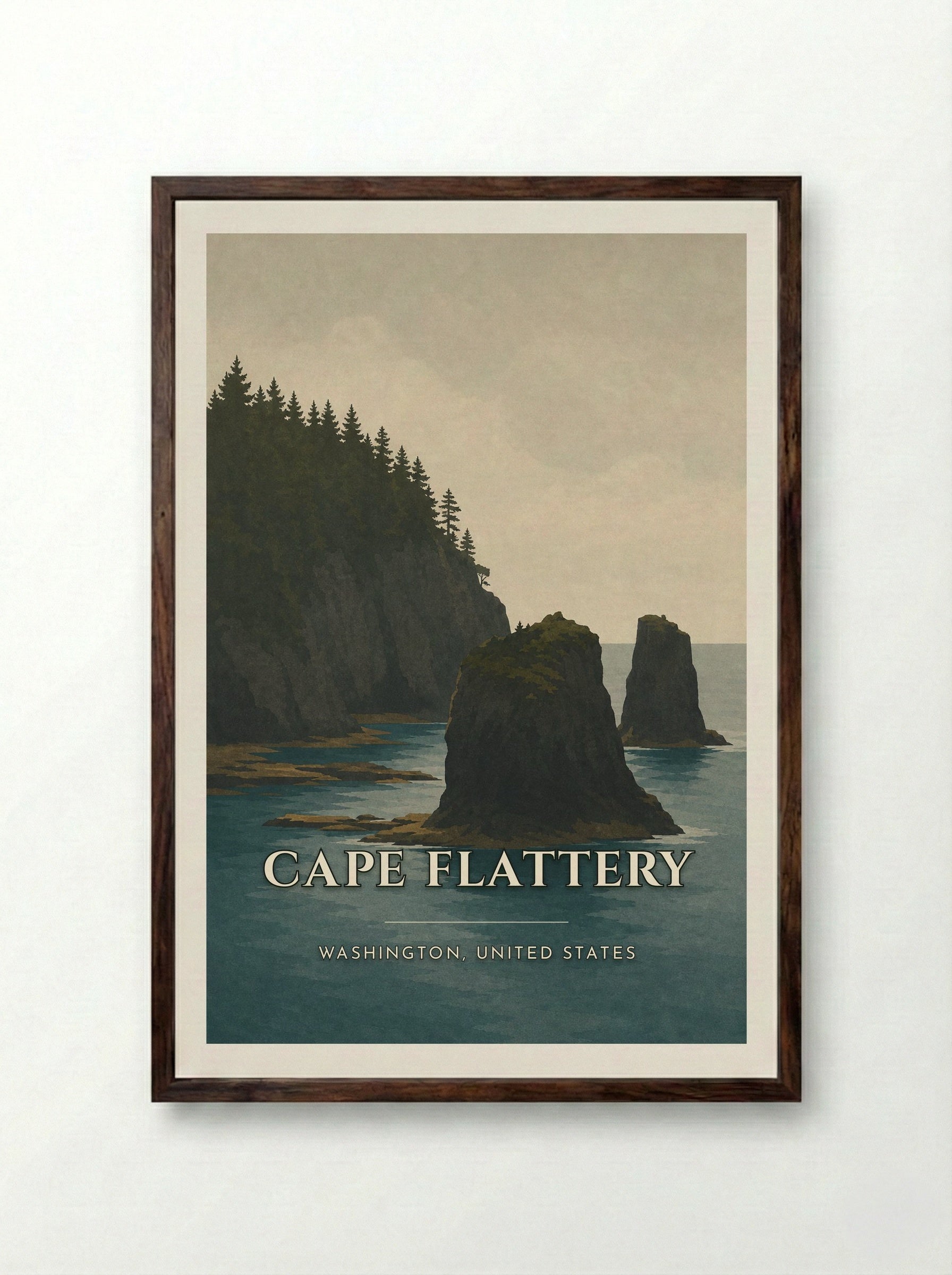 Cape Flattery Travel Poster Artwork - Framed Print Dark Wood