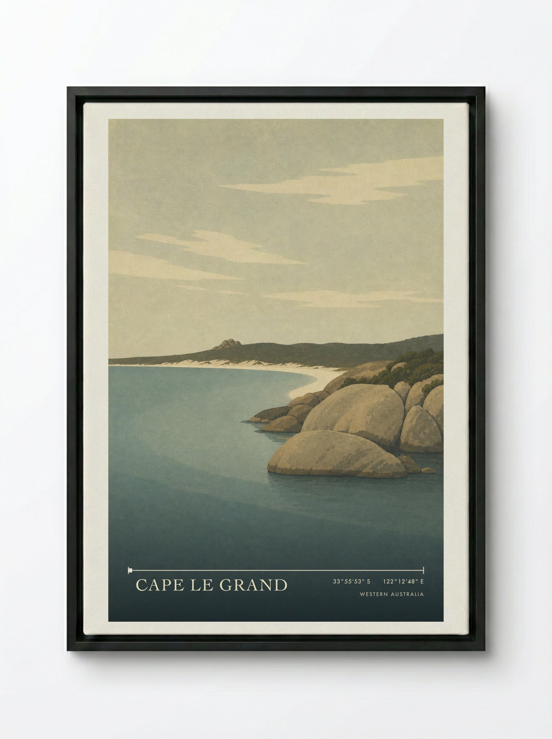 Cape Le Grand Travel Poster Artwork - Framed Canvas Black