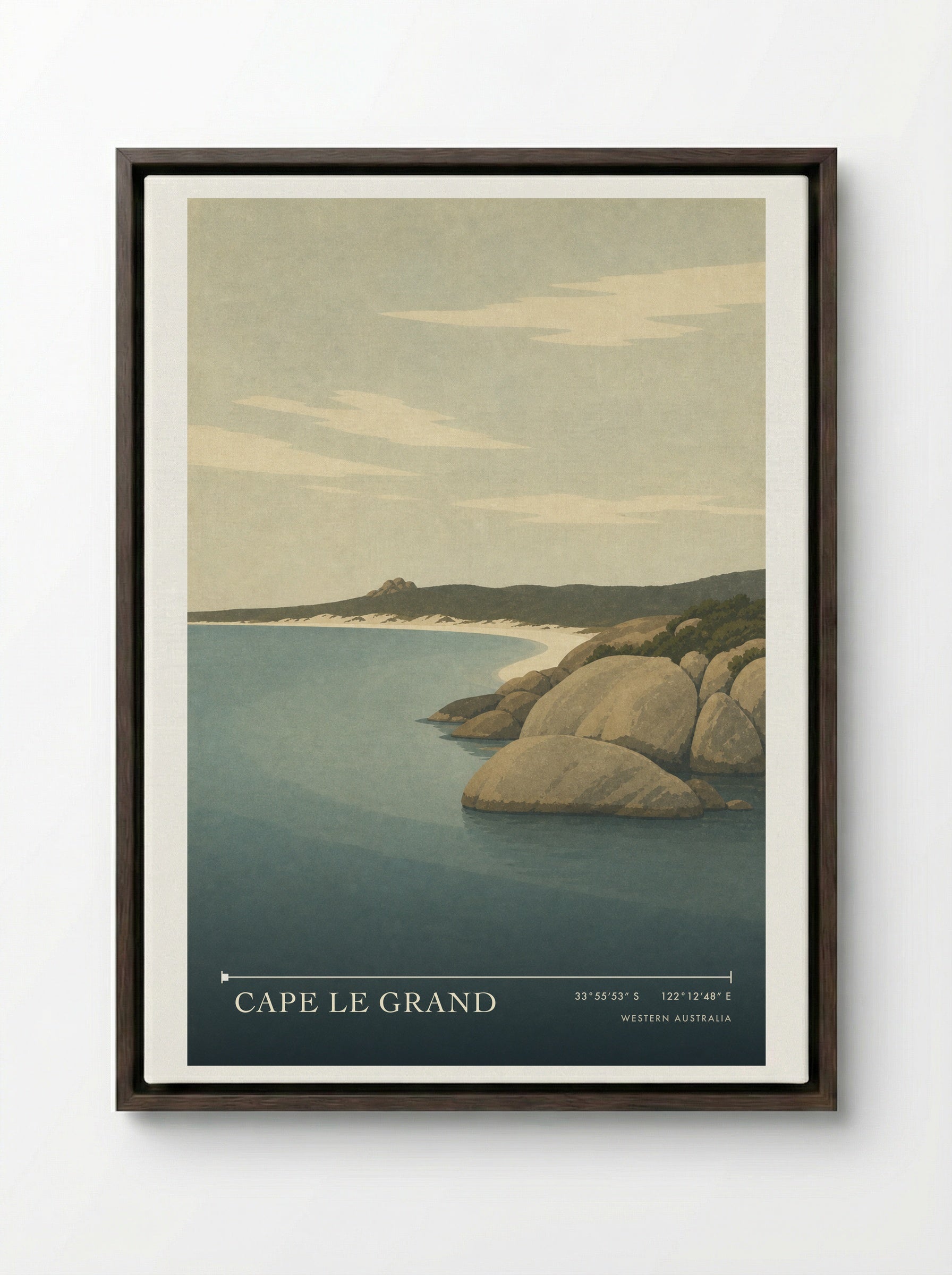 Cape Le Grand Travel Poster Artwork - Framed Canvas Dark Wood